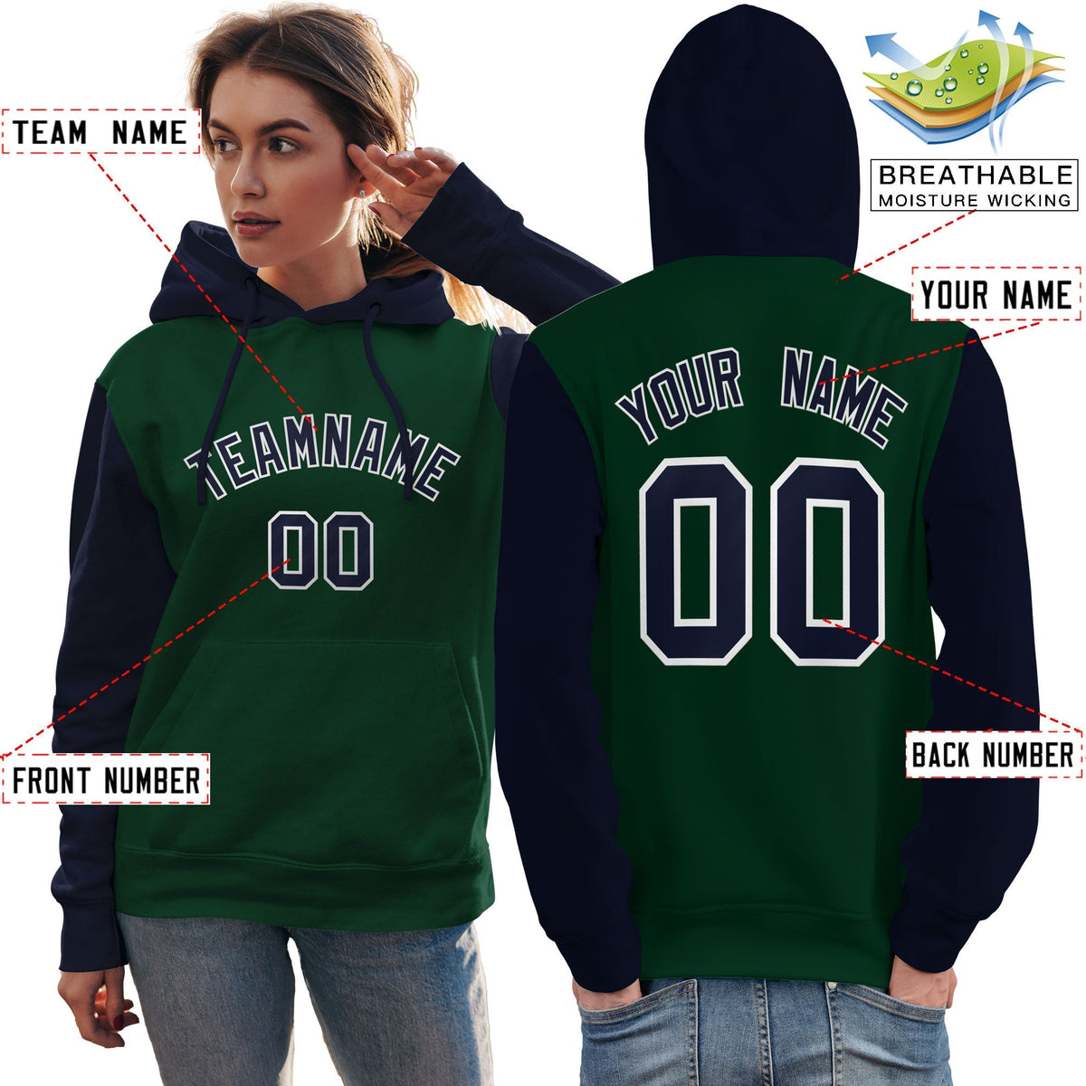 Custom Green Navy-White Raglan Sleeves Pullover Personalized Team Sweatshirt Hoodie| KXKSHOP