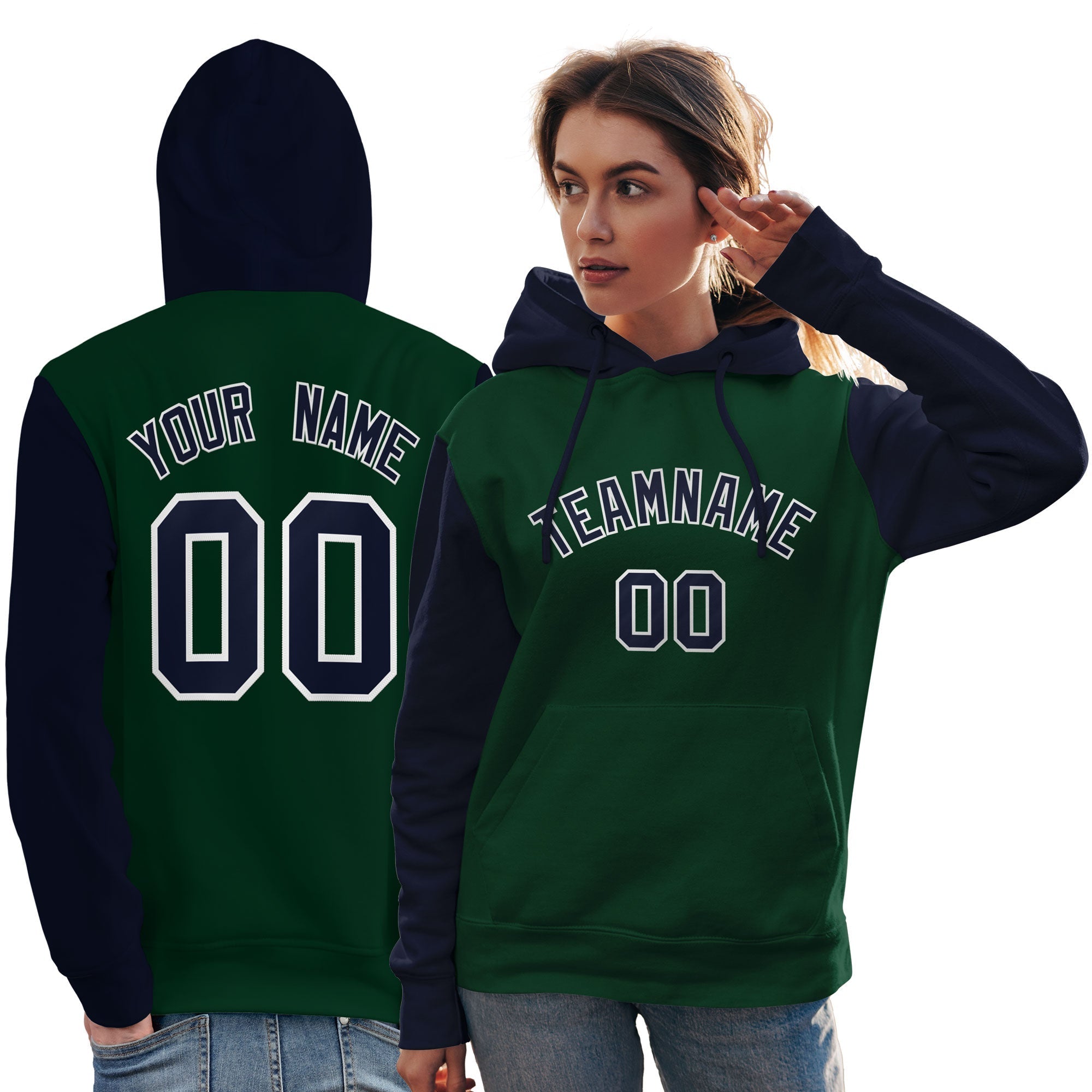 Custom Green Navy-White Raglan Sleeves Pullover Personalized Team Sweatshirt Hoodie| KXKSHOP