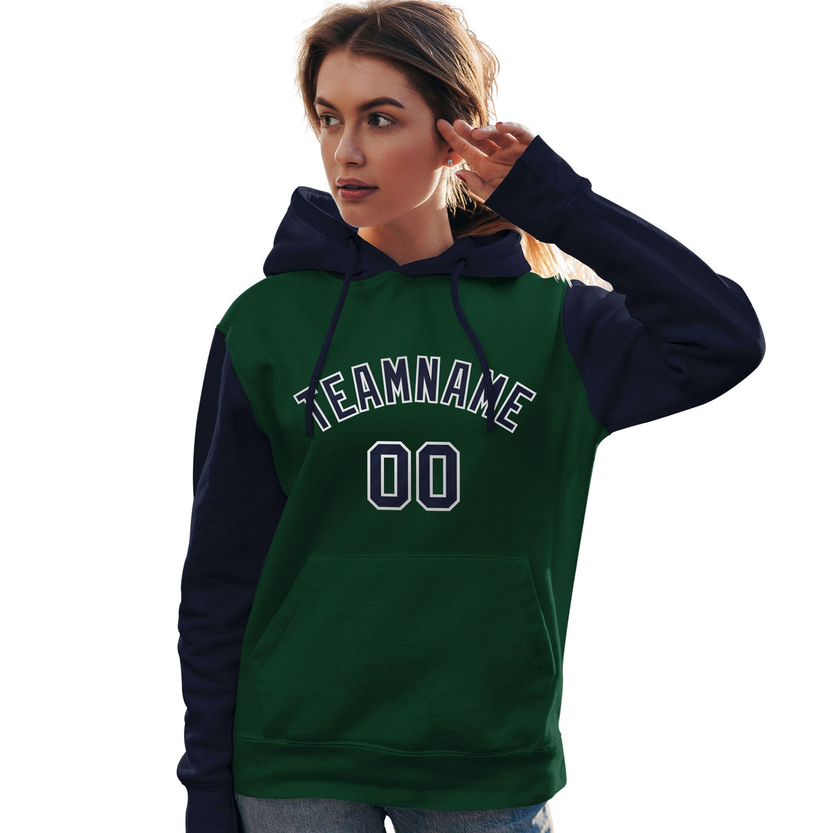 Custom Green Navy-White Raglan Sleeves Pullover Personalized Team Sweatshirt Hoodie| KXKSHOP