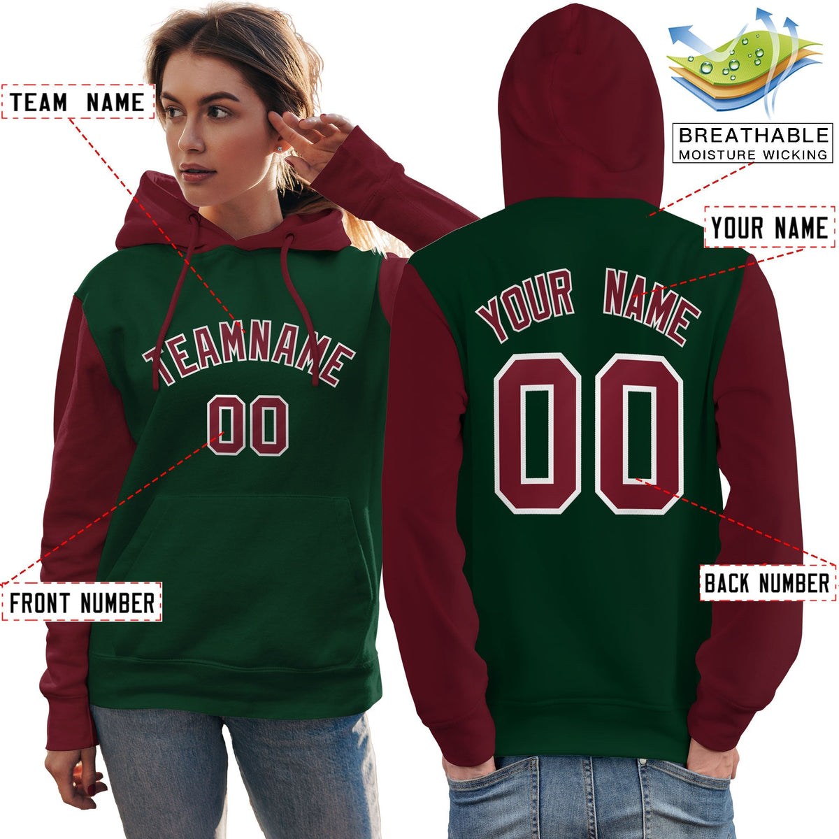 Custom Green Crimson-White Raglan Sleeves Pullover Personalized Team Sweatshirt Hoodie| KXKSHOP