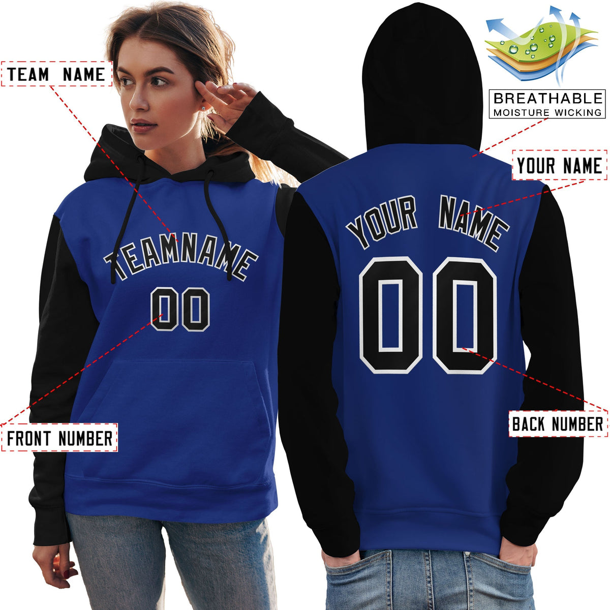 Custom Royal Black-White Raglan Sleeves Pullover Personalized Team Sweatshirt Hoodie| KXKSHOP