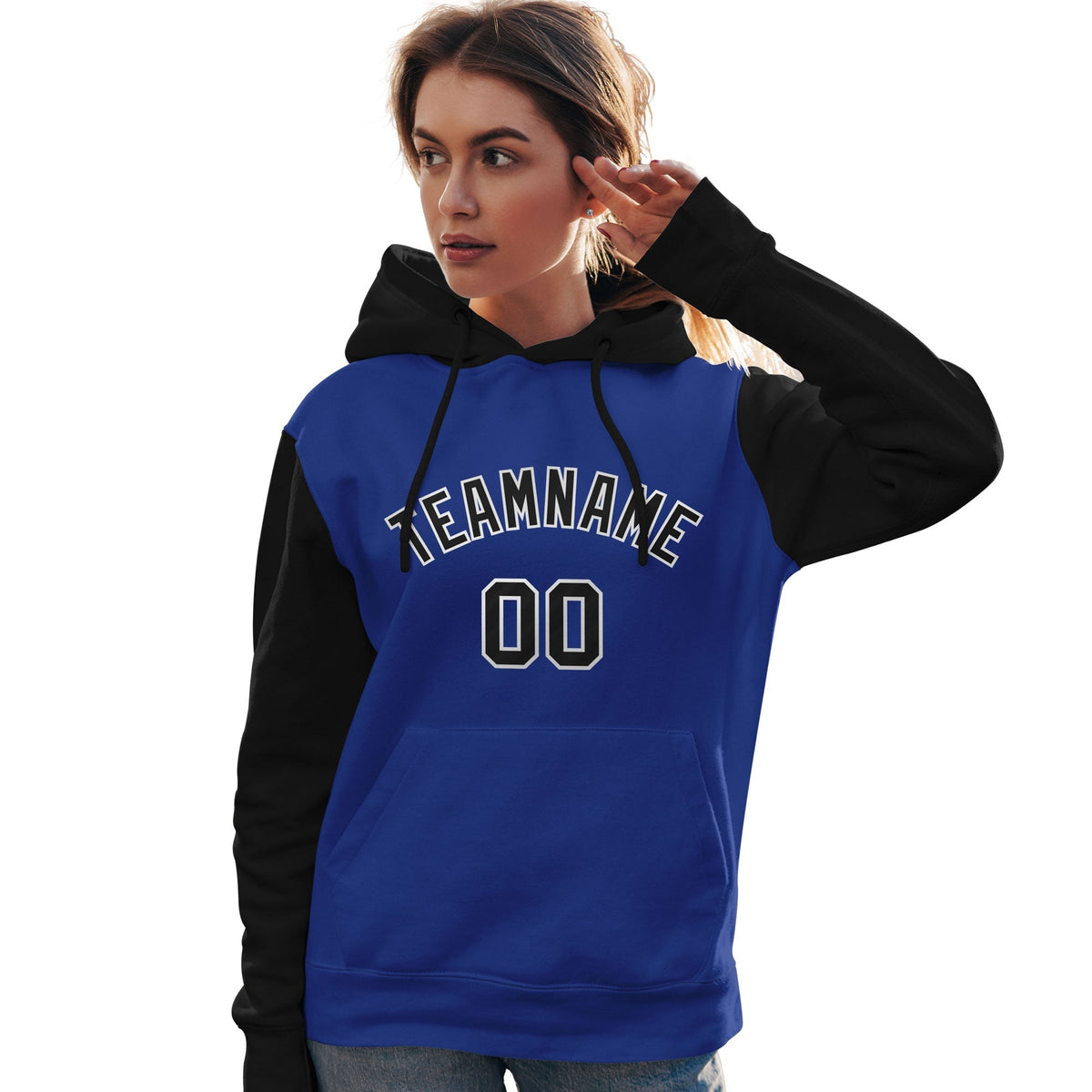 Custom Royal Black-White Raglan Sleeves Pullover Personalized Team Sweatshirt Hoodie| KXKSHOP