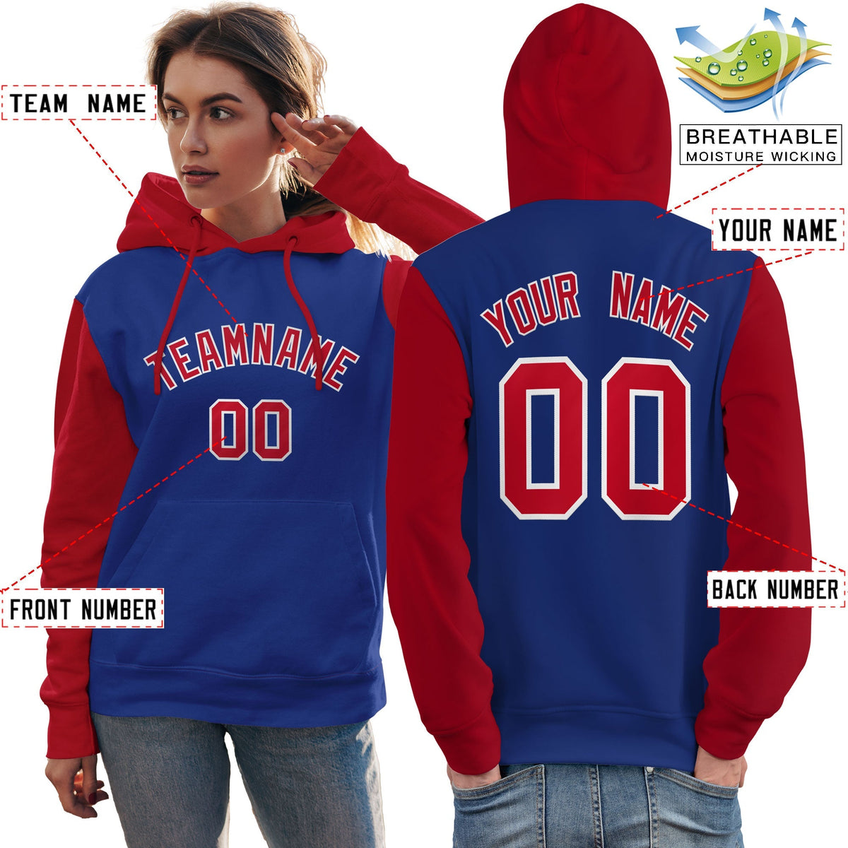 Custom Royal Red-White Raglan Sleeves Pullover Personalized Team Sweatshirt Hoodie| KXKSHOP