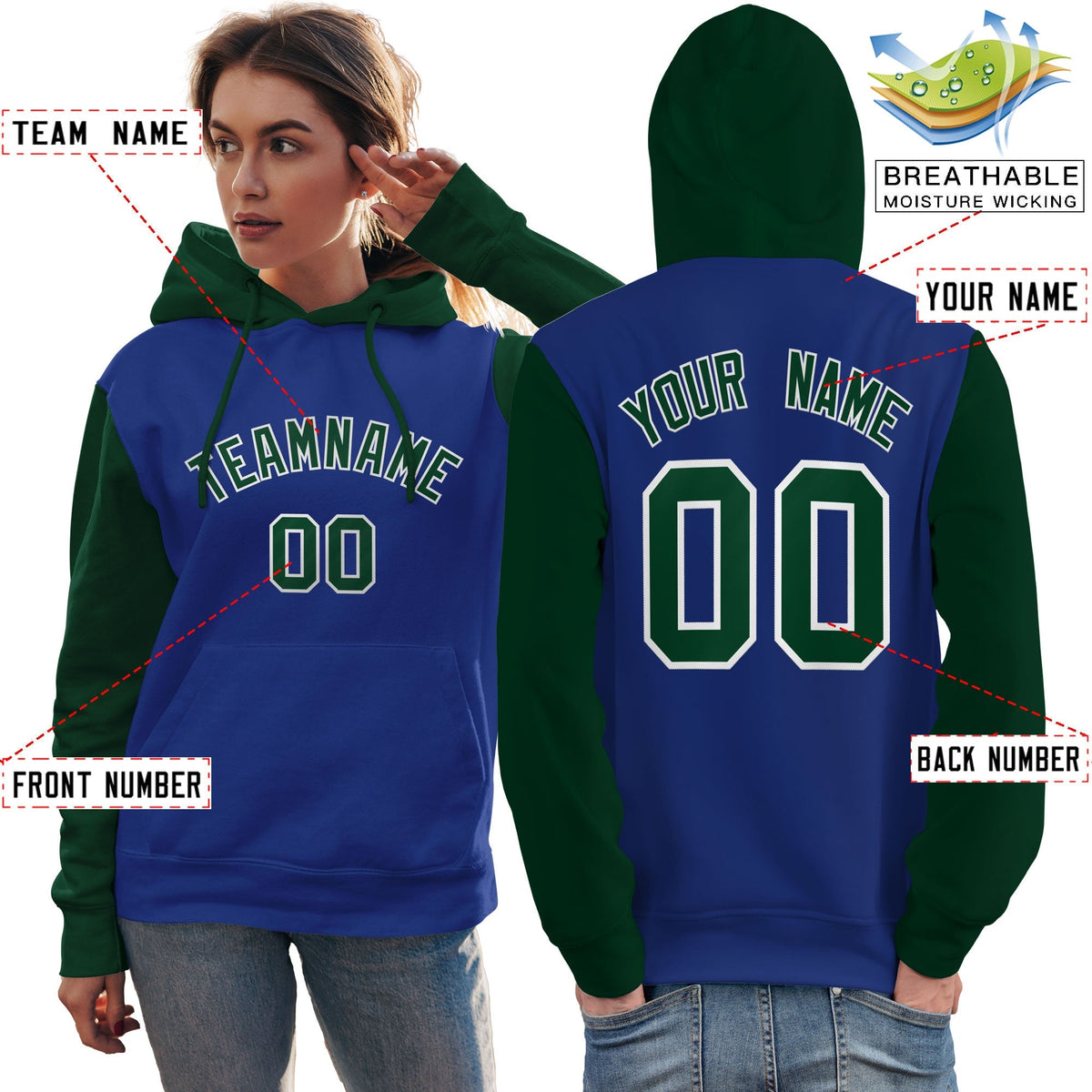 Custom Royal Green-White Raglan Sleeves Pullover Personalized Team Sweatshirt Hoodie| KXKSHOP