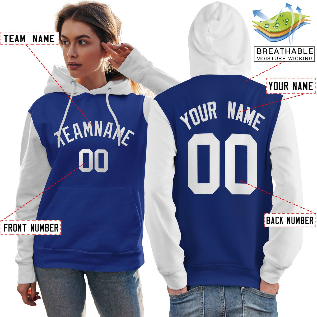 Custom Royal White Raglan Sleeves Pullover Personalized Team Sweatshirt Hoodie| KXKSHOP