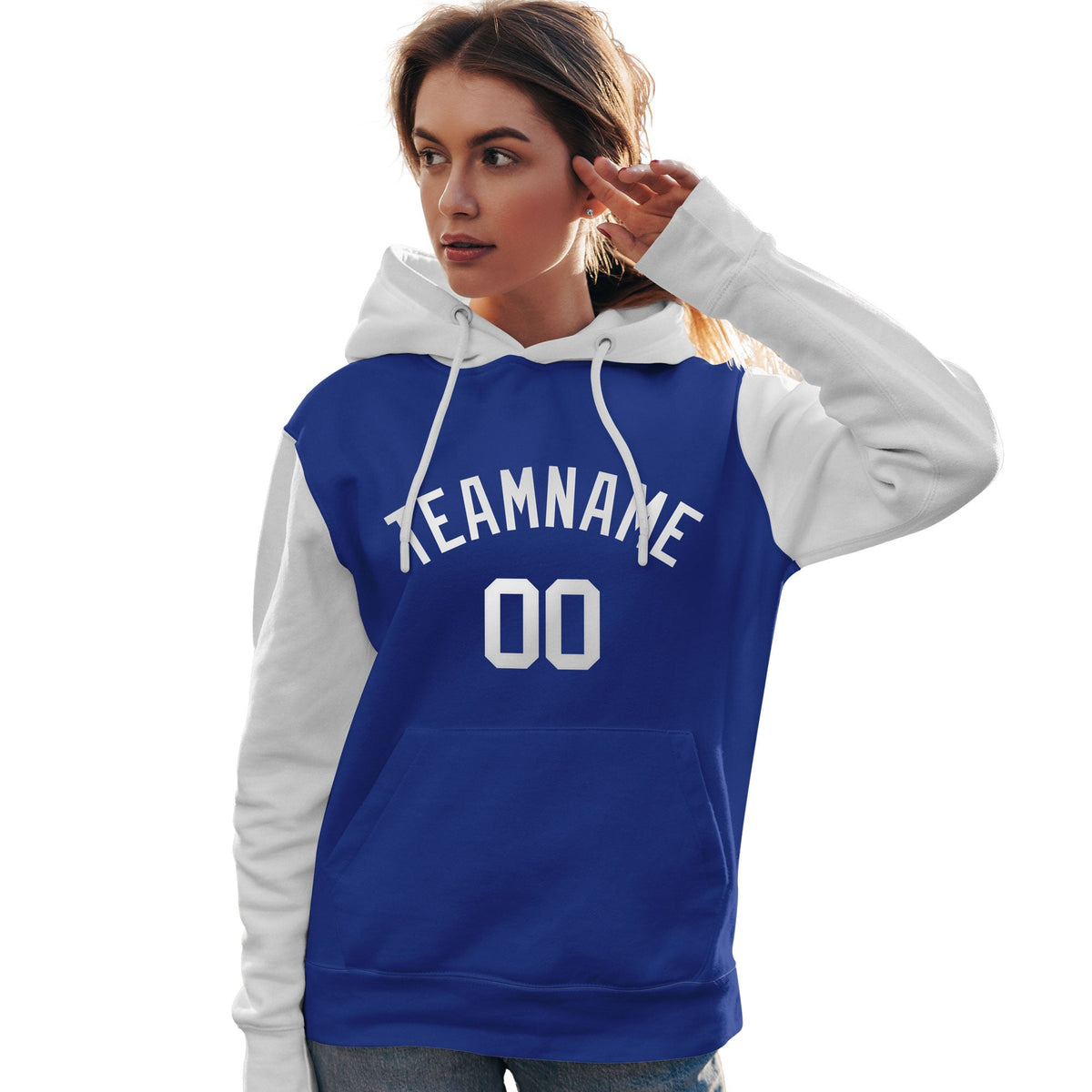 Custom Royal White Raglan Sleeves Pullover Personalized Team Sweatshirt Hoodie| KXKSHOP