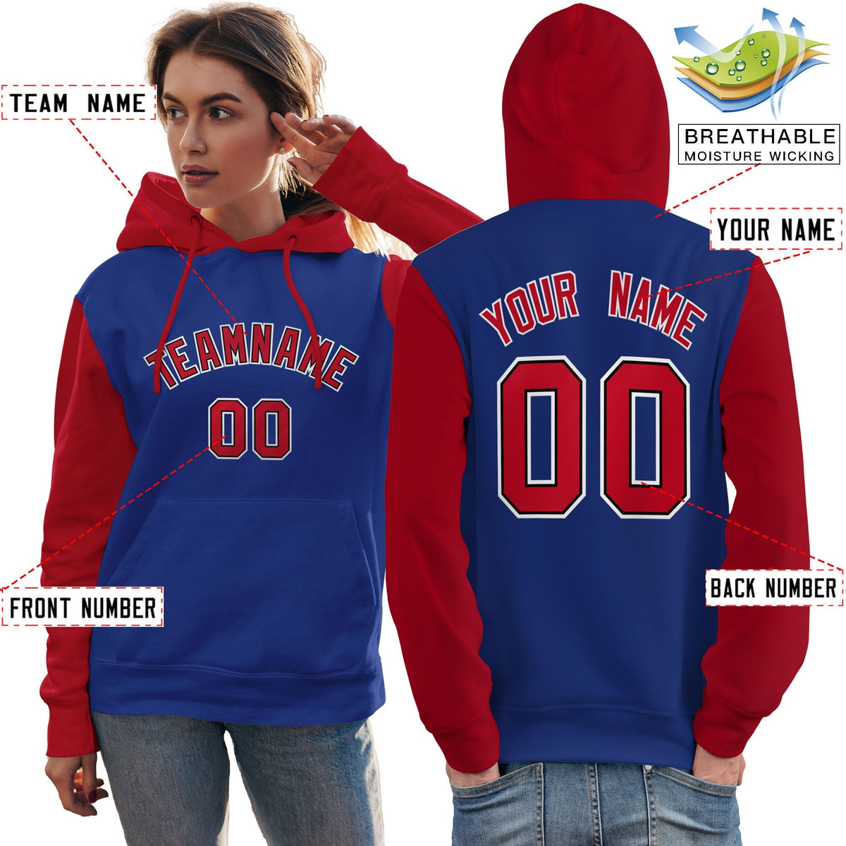 Custom Royal Red-White Raglan Sleeves Pullover Personalized Team Sweatshirt Hoodie| KXKSHOP