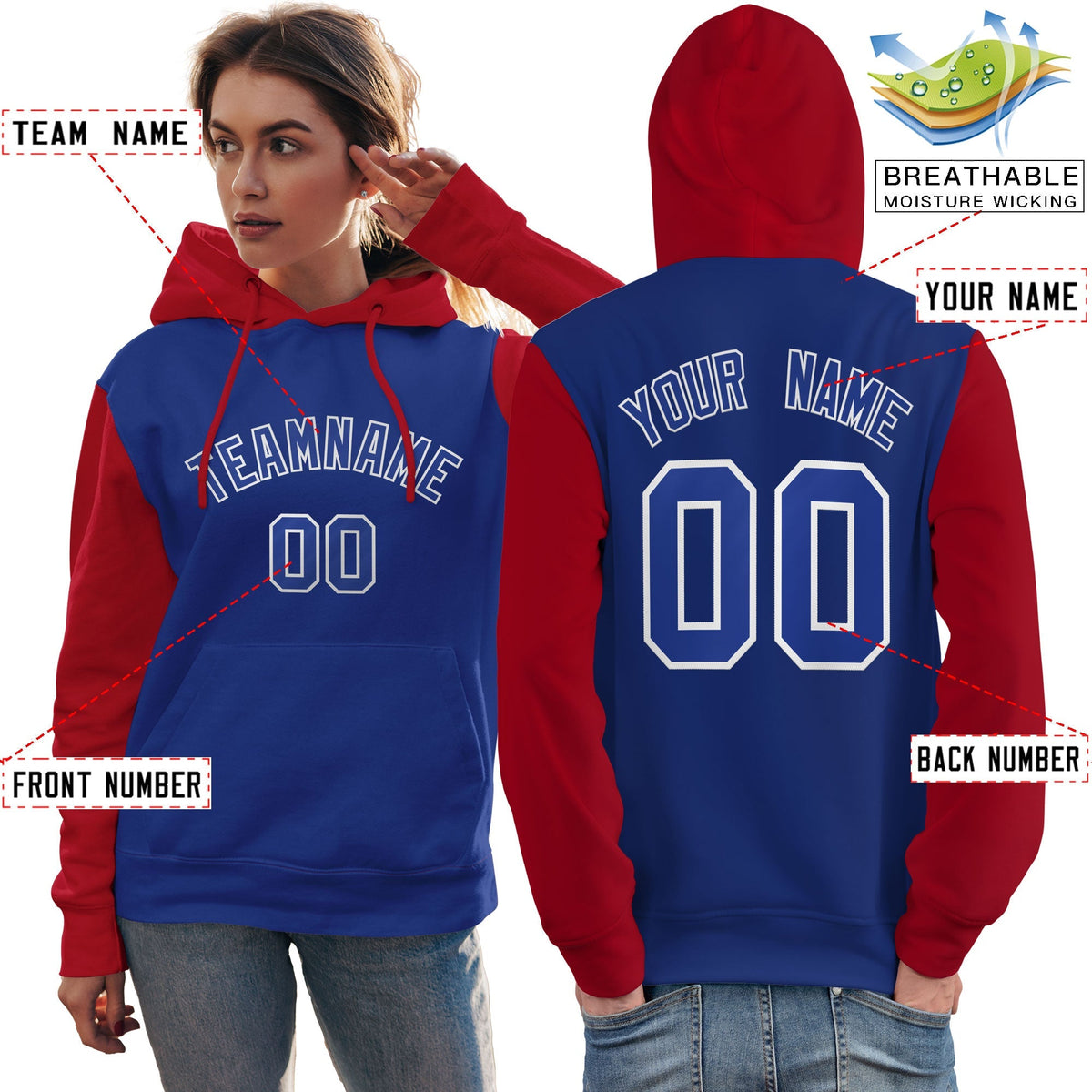 Custom Royal White-Red Raglan Sleeves Pullover Personalized Team Sweatshirt Hoodie| KXKSHOP