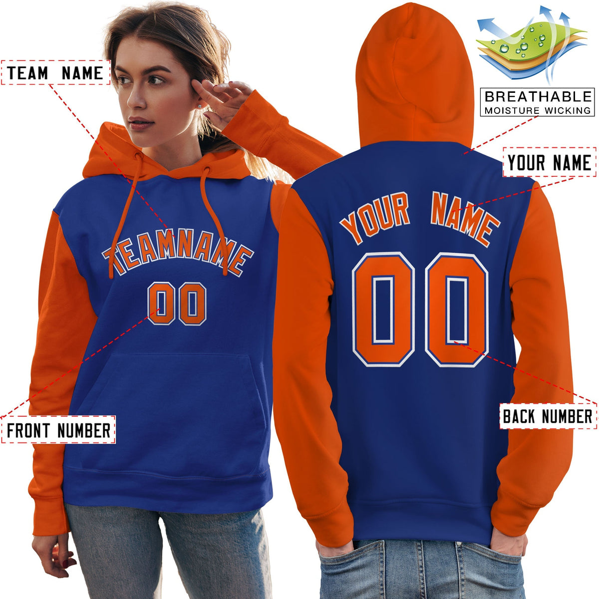 Custom Royal Orange-White Raglan Sleeves Pullover Personalized Team Sweatshirt Hoodie| KXKSHOP