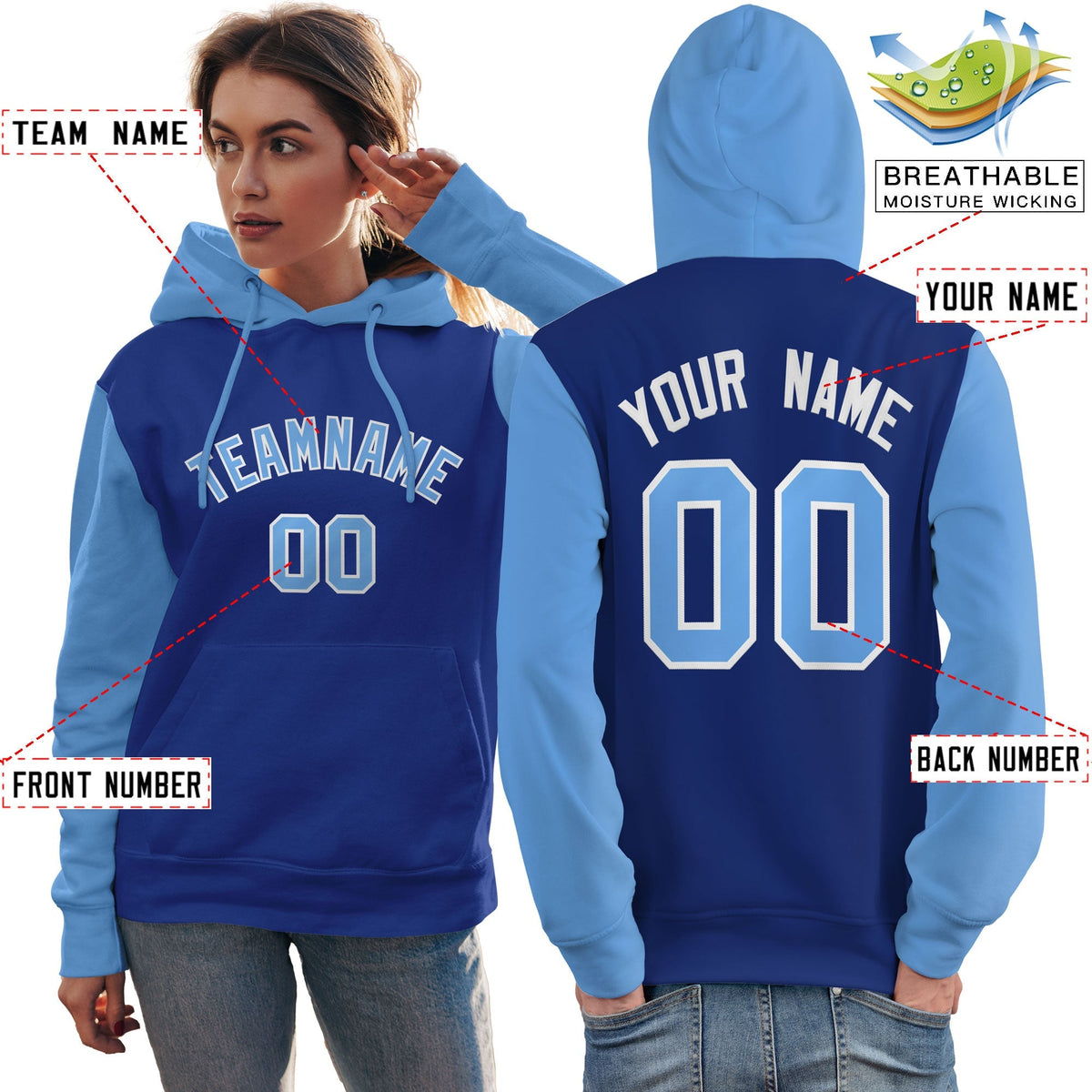 Custom Royal Light Blue-White Raglan Sleeves Pullover Personalized Team Sweatshirt Hoodie| KXKSHOP