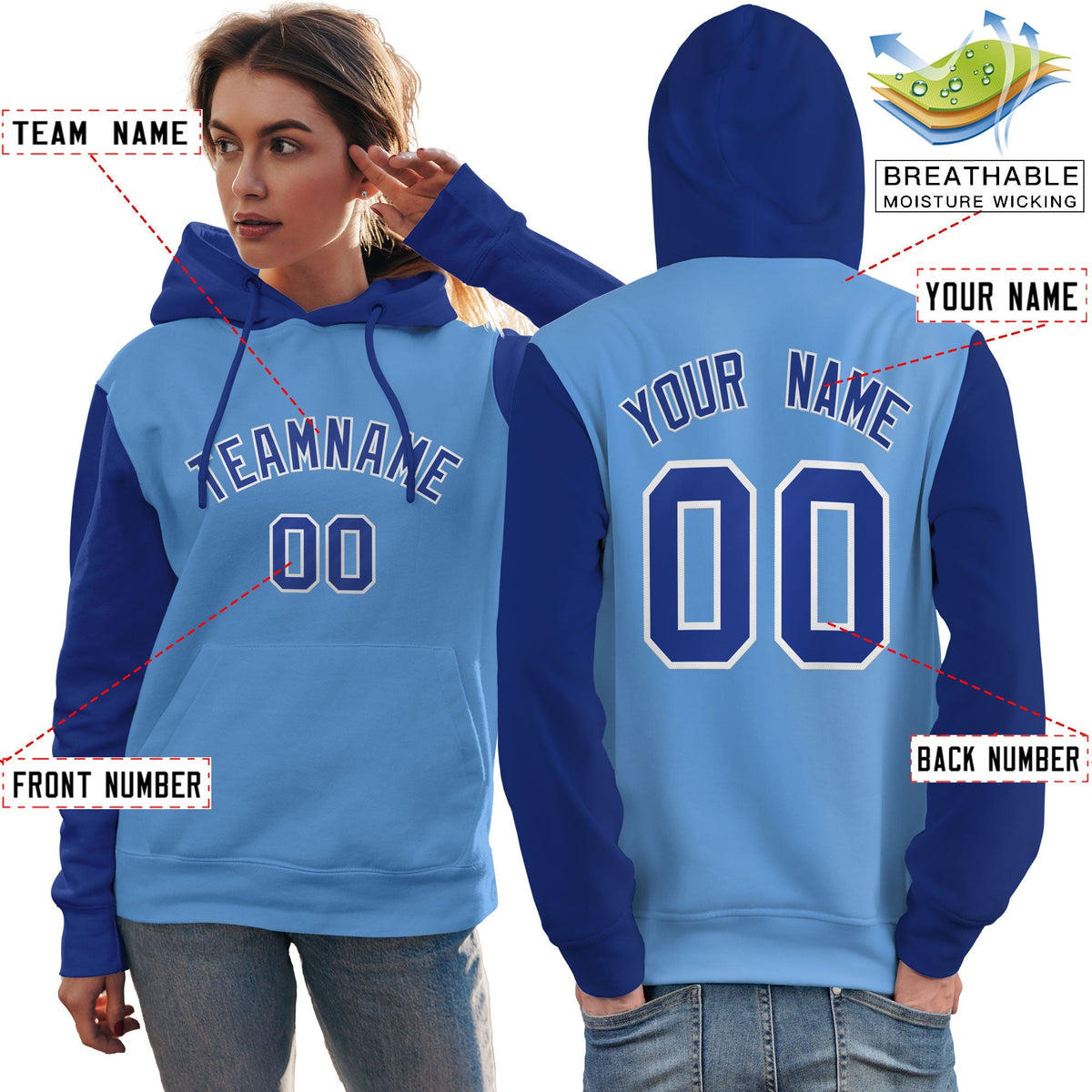 Custom Light Blue Royal-White Raglan Sleeves Pullover Personalized Team Sweatshirt Hoodie| KXKSHOP
