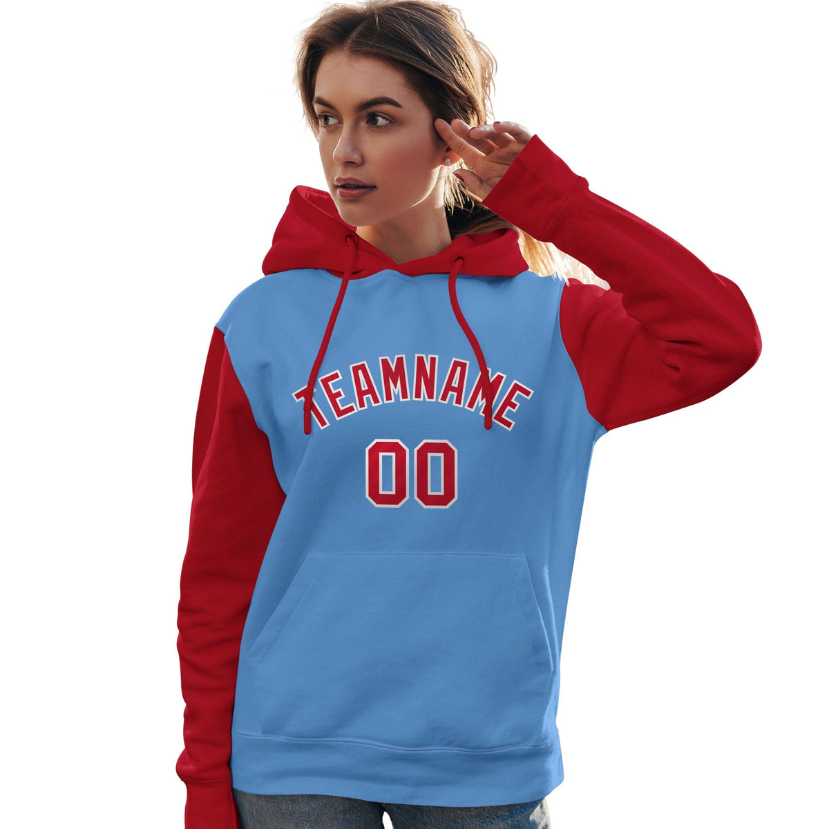 Custom Light Blue Red-White Raglan Sleeves Pullover Personalized Team Sweatshirt Hoodie| KXKSHOP
