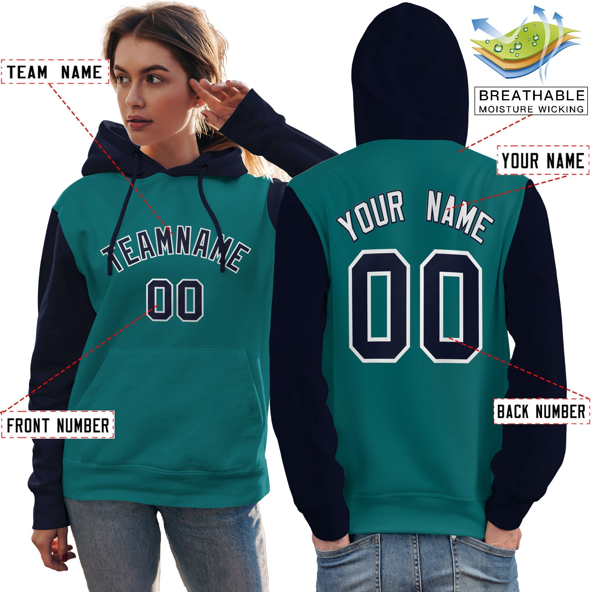 Custom Aqua Navy-White Raglan Sleeves Pullover Personalized Team Sweatshirt Hoodie| KXKSHOP