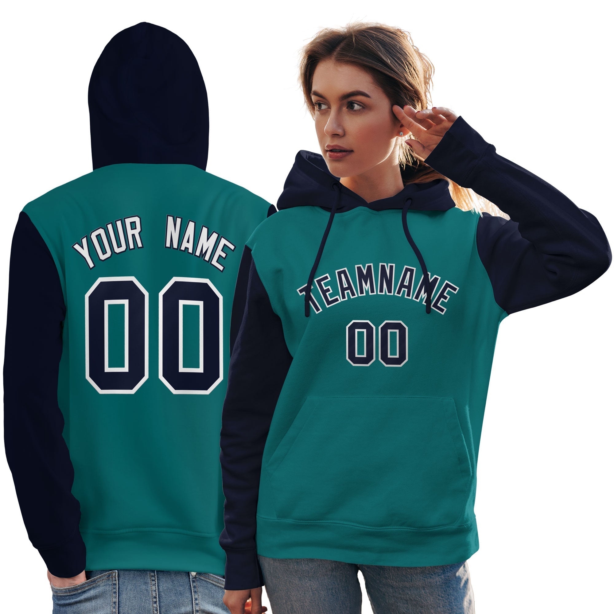 Custom Aqua Navy-White Raglan Sleeves Pullover Personalized Team Sweatshirt Hoodie| KXKSHOP