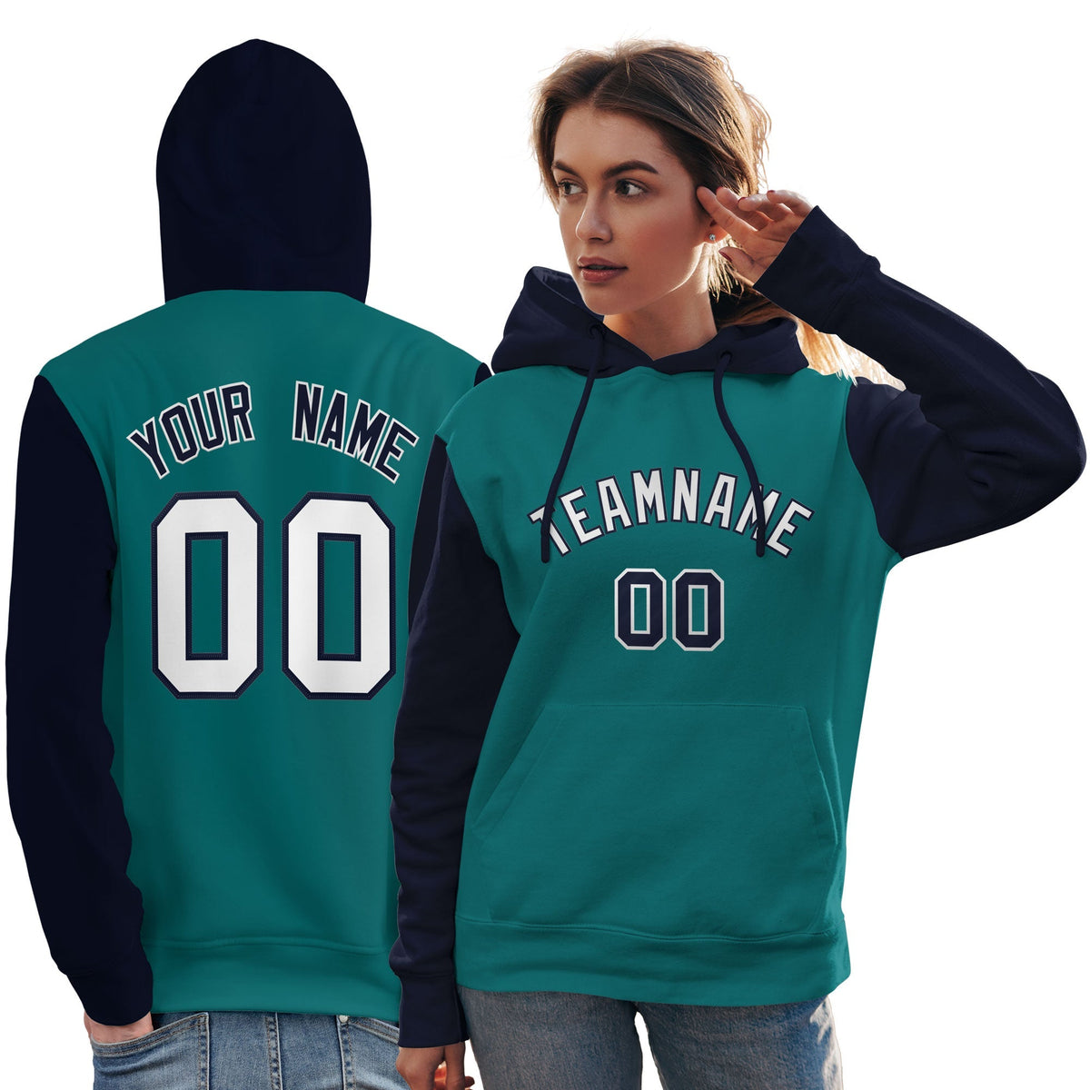Custom Aqua White-Navy Raglan Sleeves Pullover Personalized Team Sweatshirt Hoodie| KXKSHOP