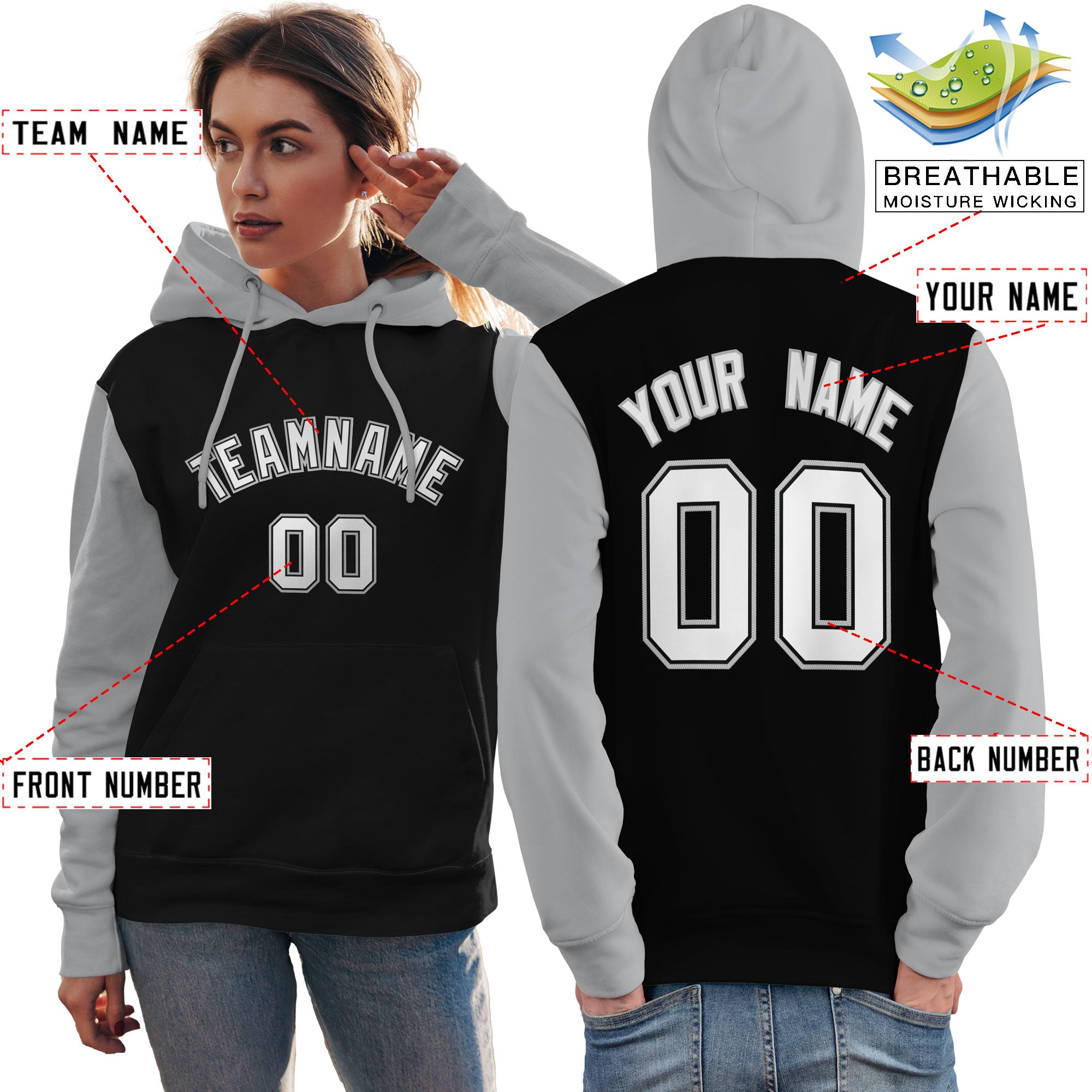 Custom Black White-Gray Raglan Sleeves Pullover Personalized Team Sweatshirt Hoodie| KXKSHOP