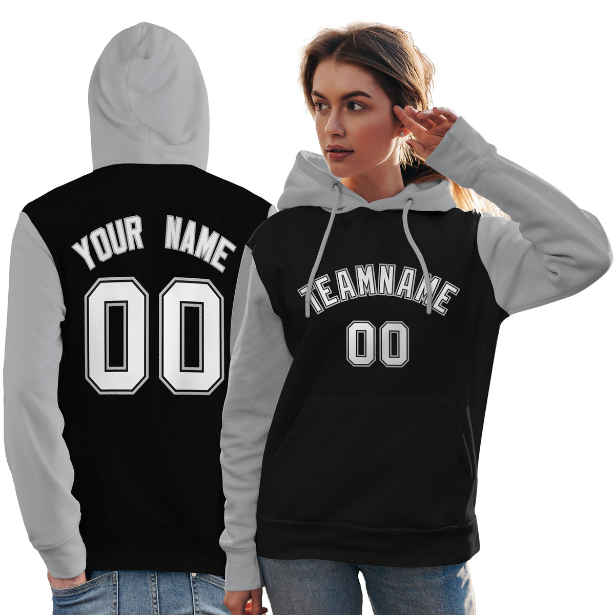 Custom Black White-Gray Raglan Sleeves Pullover Personalized Team Sweatshirt Hoodie| KXKSHOP