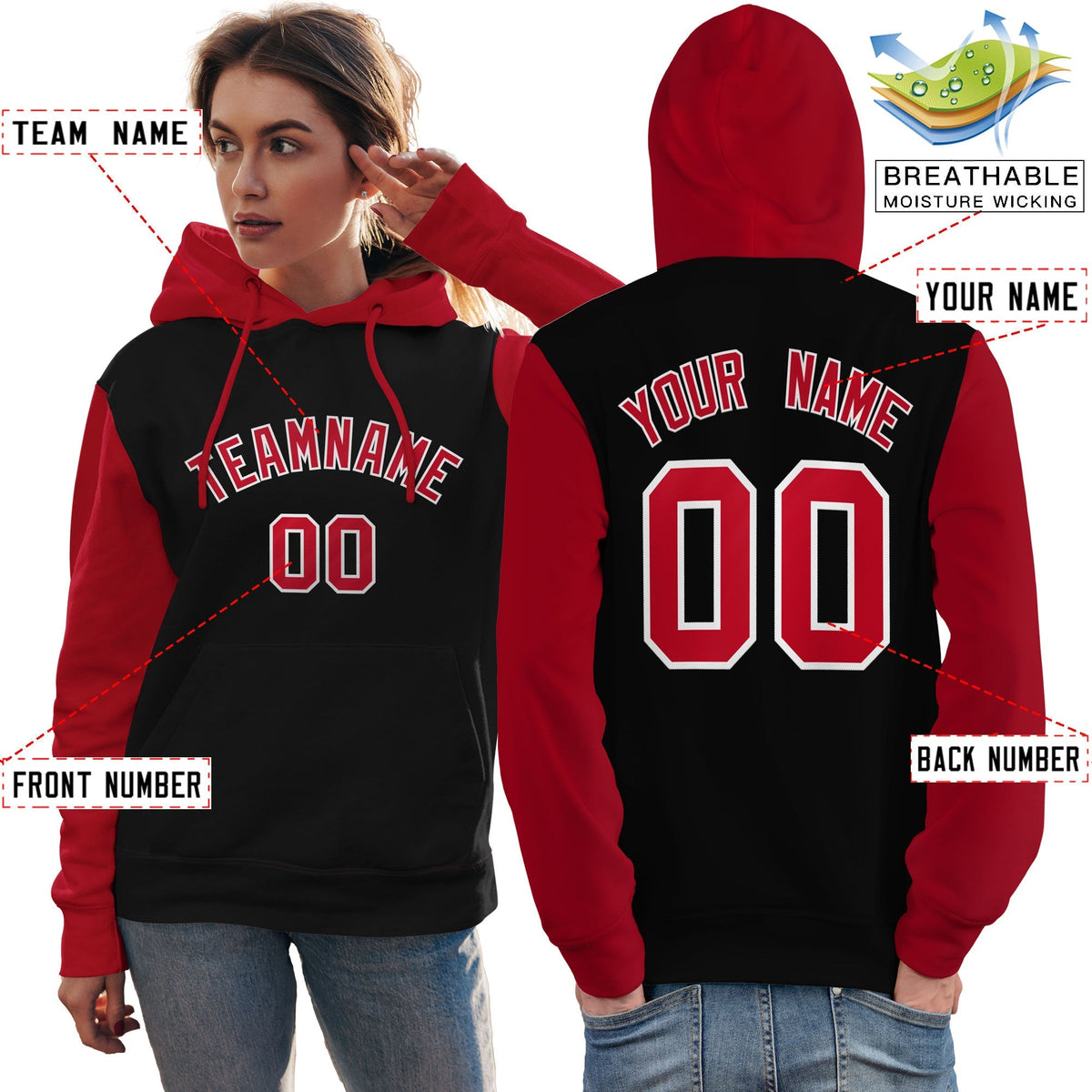 Custom Black Red-White Raglan Sleeves Pullover Personalized Team Sweatshirt Hoodie| KXKSHOP