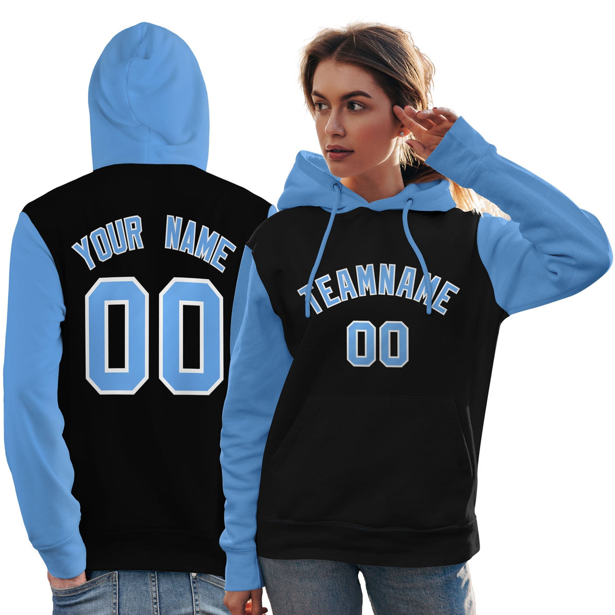 Custom Black Light Blue-White Raglan Sleeves Pullover Personalized Team Sweatshirt Hoodie| KXKSHOP