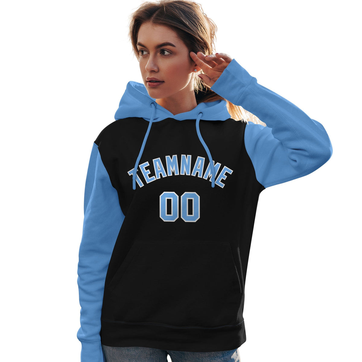 Custom Black Light Blue-White Raglan Sleeves Pullover Personalized Team Sweatshirt Hoodie| KXKSHOP