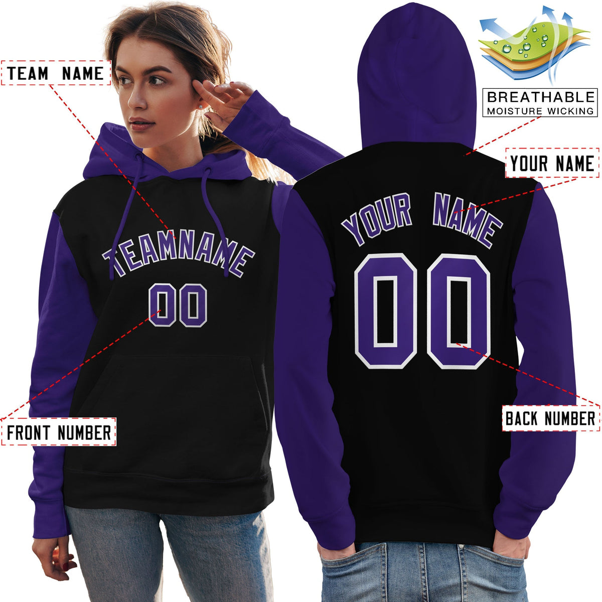 Custom Black Purple-White Raglan Sleeves Pullover Personalized Team Sweatshirt Hoodie| KXKSHOP