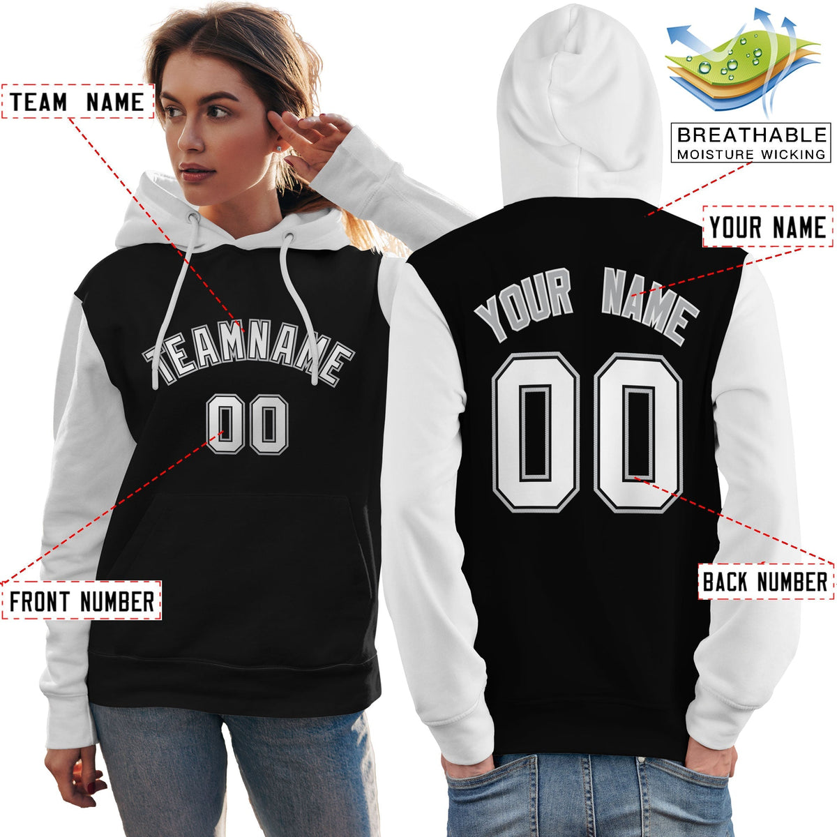 Custom Black White-Gray Raglan Sleeves Pullover Personalized Team Sweatshirt Hoodie| KXKSHOP