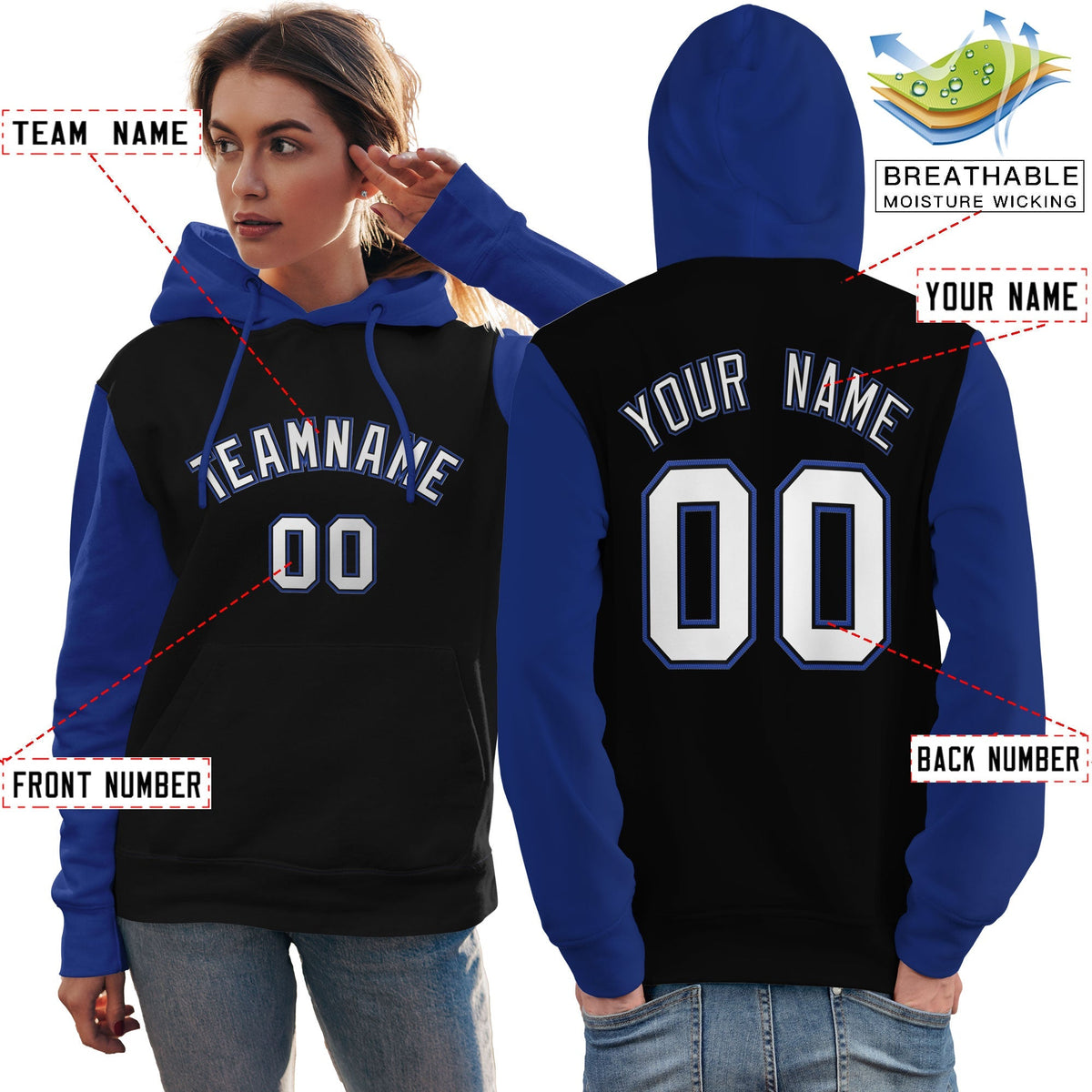 Custom Black White-Royal Raglan Sleeves Pullover Personalized Team Sweatshirt Hoodie| KXKSHOP