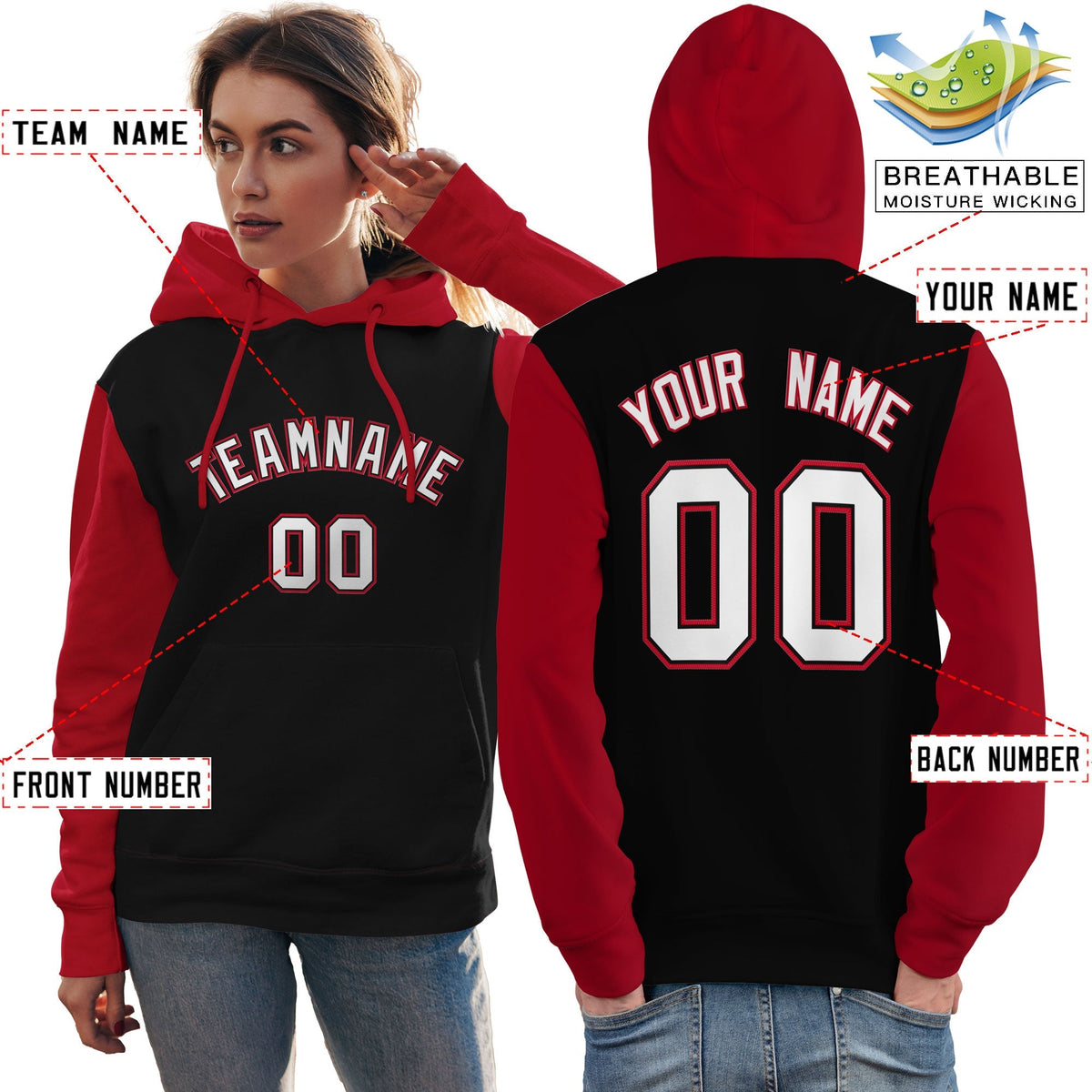 Custom Black White-Red Raglan Sleeves Pullover Personalized Team Sweatshirt Hoodie| KXKSHOP