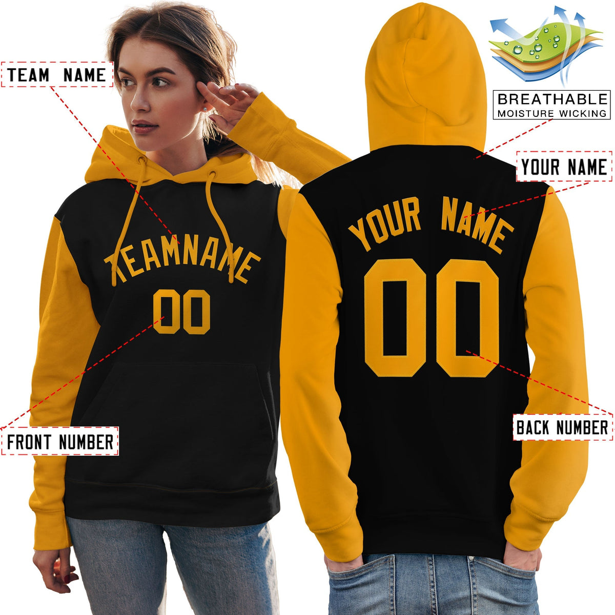 Custom Black Gold Raglan Sleeves Pullover Personalized Team Sweatshirt Hoodie| KXKSHOP