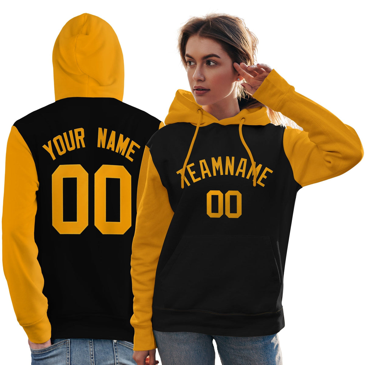 Custom Black Gold Raglan Sleeves Pullover Personalized Team Sweatshirt Hoodie| KXKSHOP