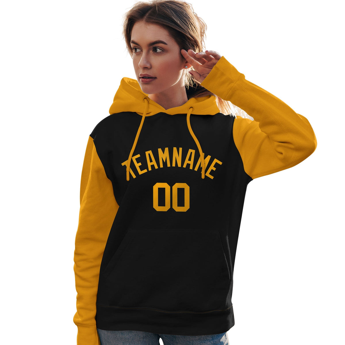 Custom Black Gold Raglan Sleeves Pullover Personalized Team Sweatshirt Hoodie| KXKSHOP