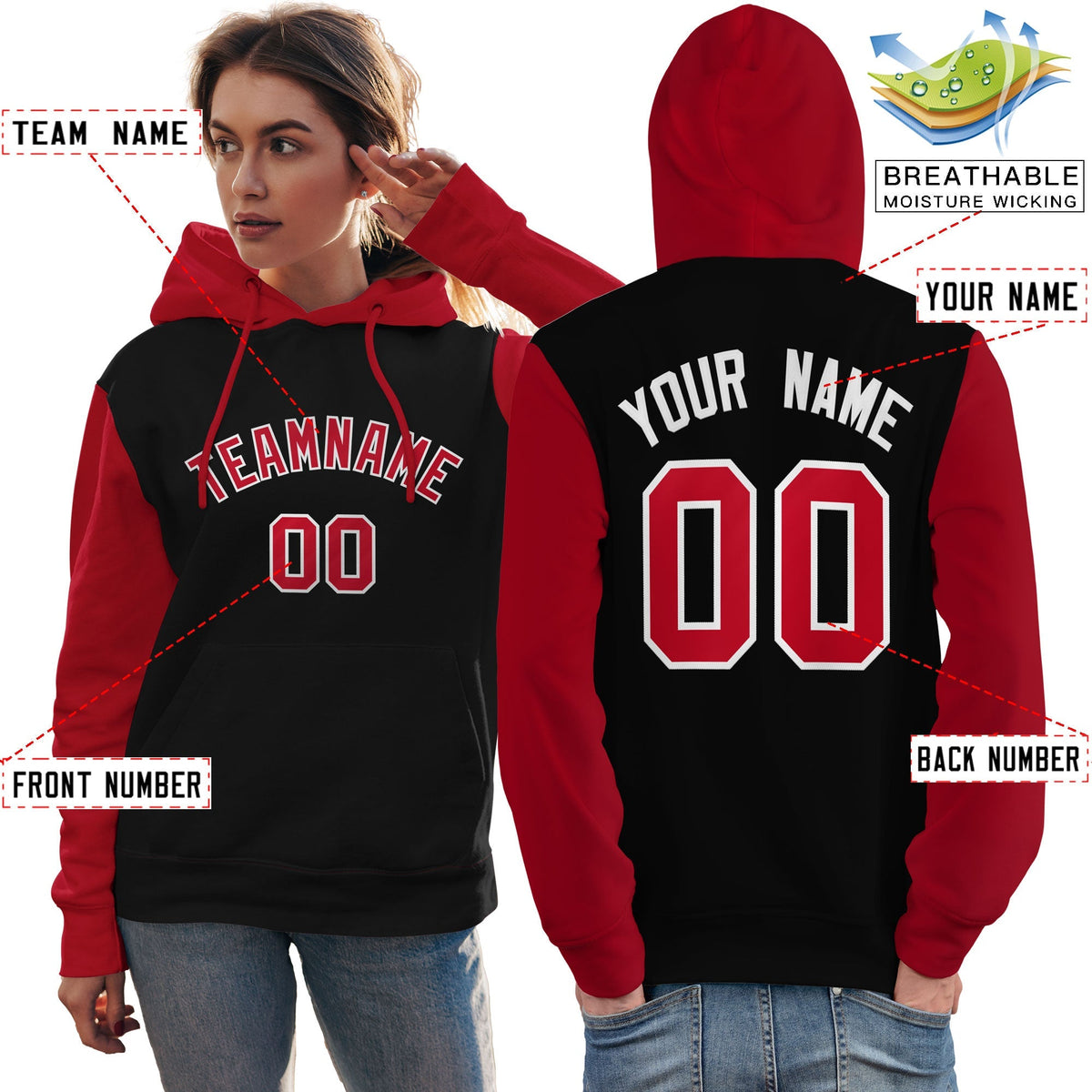 Custom Black Red-White Raglan Sleeves Pullover Personalized Team Sweatshirt Hoodie| KXKSHOP