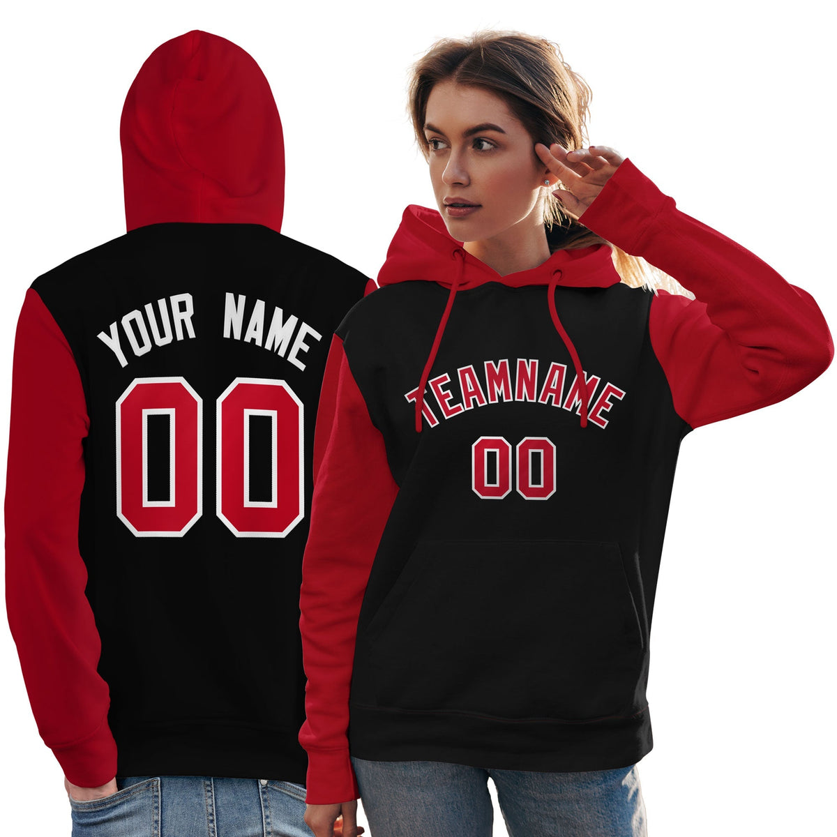 Custom Black Red-White Raglan Sleeves Pullover Personalized Team Sweatshirt Hoodie| KXKSHOP