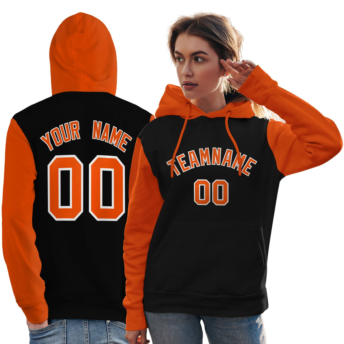 Custom Black Orange-White Raglan Sleeves Pullover Personalized Team Sweatshirt Hoodie| KXKSHOP