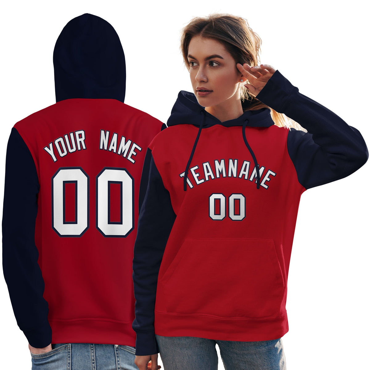 Custom Red White-Navy Raglan Sleeves Pullover Personalized Team Sweatshirt Hoodie| KXKSHOP
