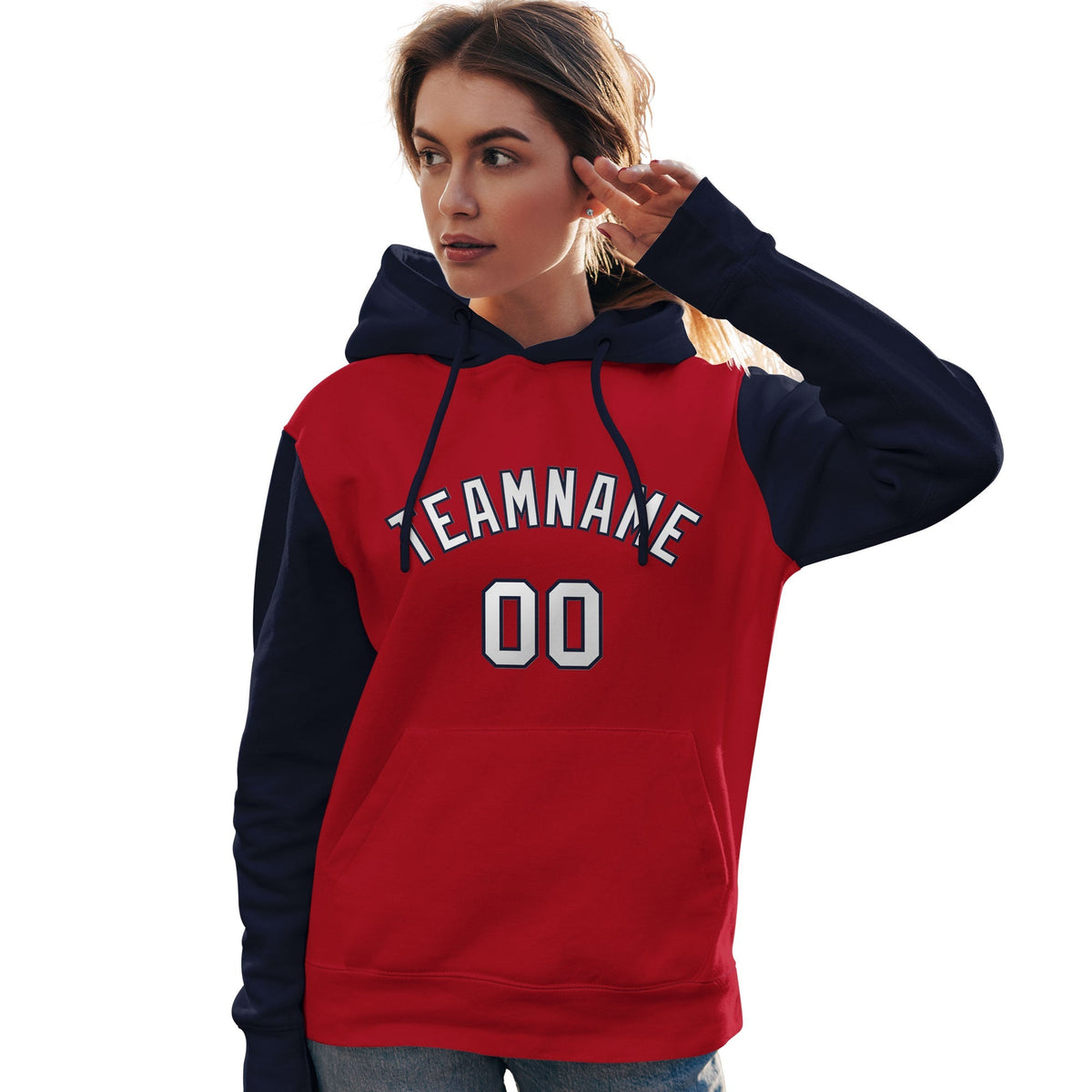 Custom Red White-Navy Raglan Sleeves Pullover Personalized Team Sweatshirt Hoodie| KXKSHOP
