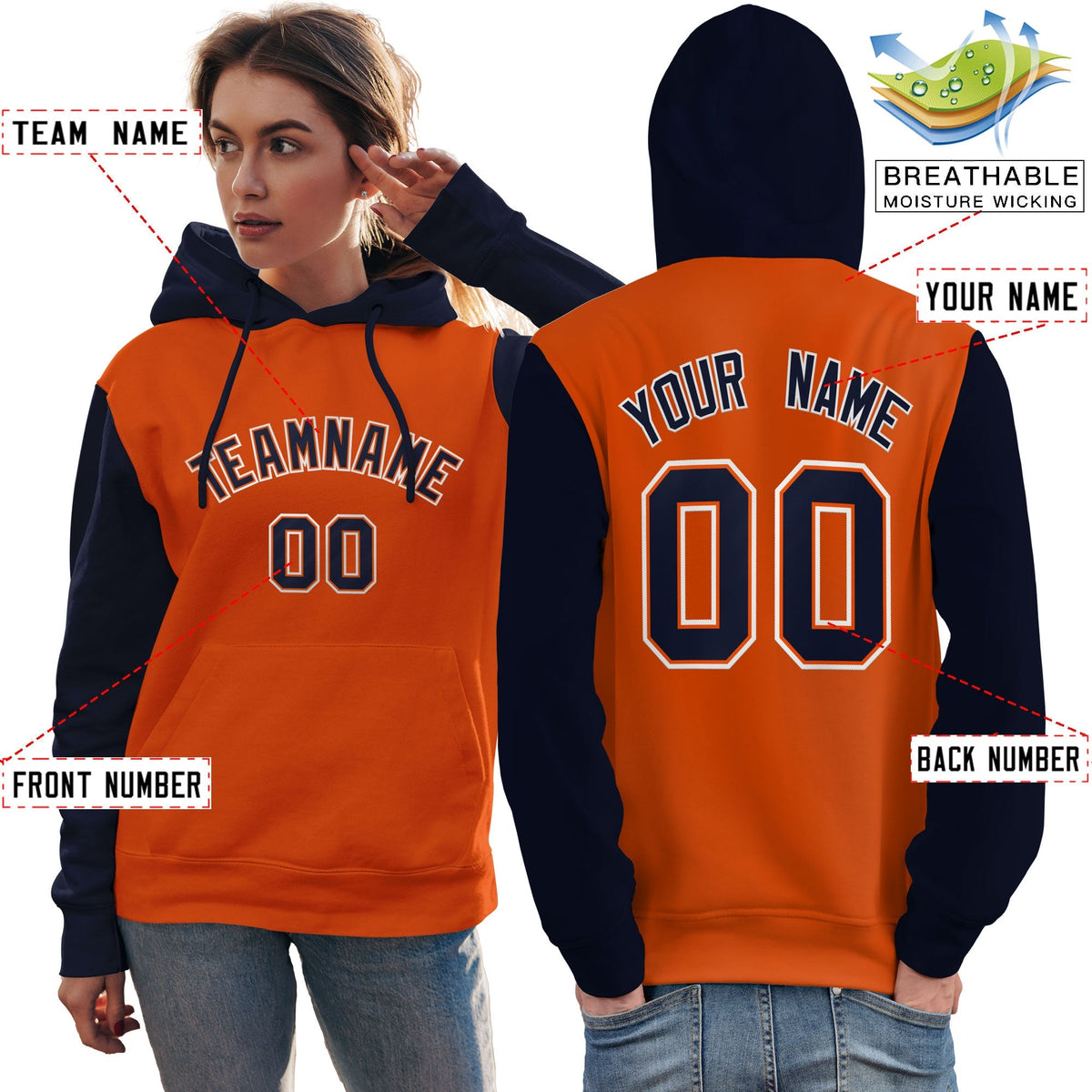 Custom Orange Navy-White Raglan Sleeves Pullover Personalized Team Sweatshirt Hoodie| KXKSHOP