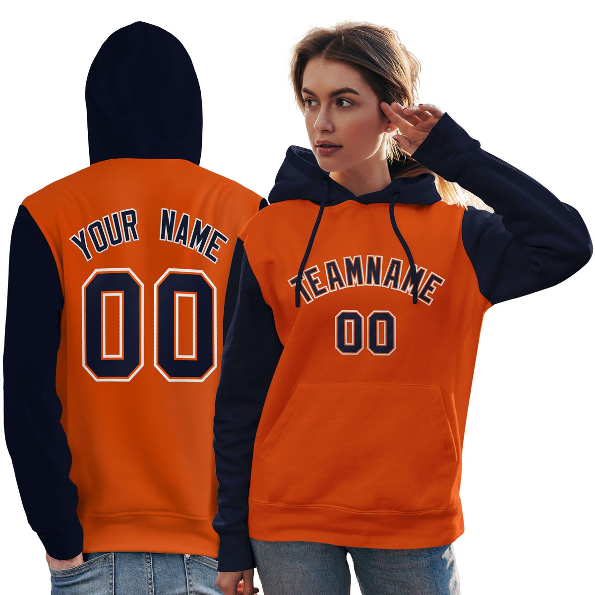 Custom Orange Navy-White Raglan Sleeves Pullover Personalized Team Sweatshirt Hoodie| KXKSHOP