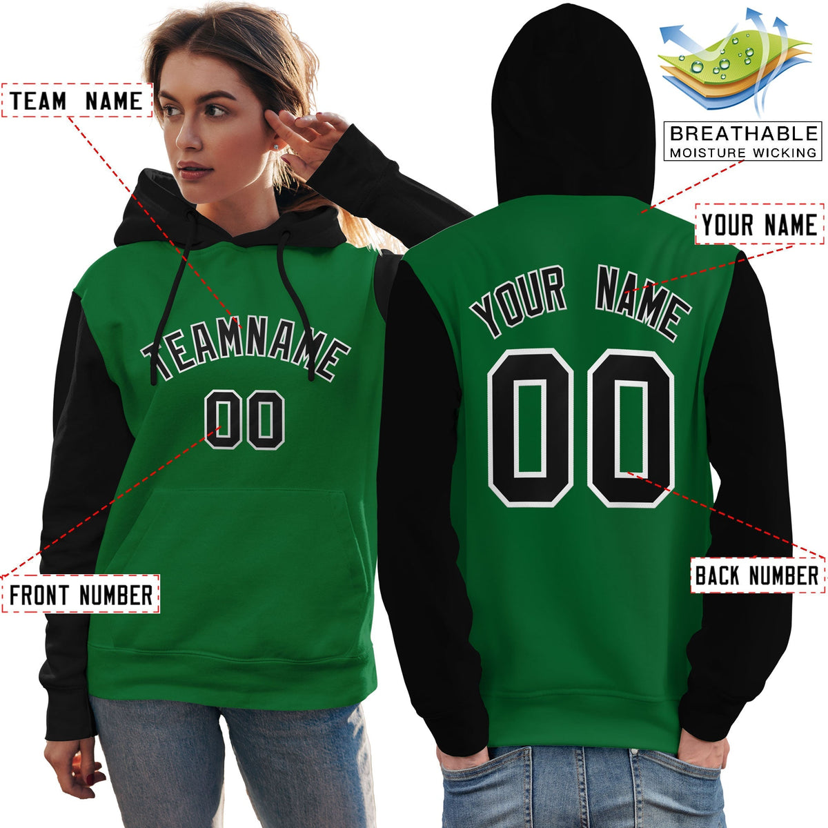 Custom Kelly Green Black-White Raglan Sleeves Pullover Personalized Team Sweatshirt Hoodie| KXKSHOP