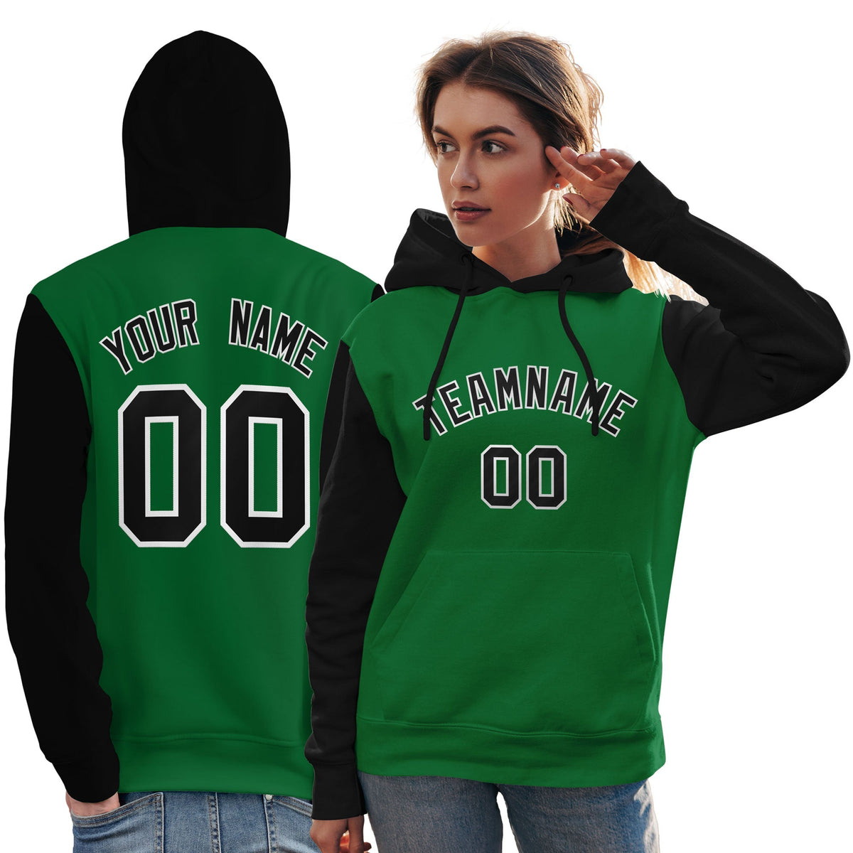 Custom Kelly Green Black-White Raglan Sleeves Pullover Personalized Team Sweatshirt Hoodie| KXKSHOP