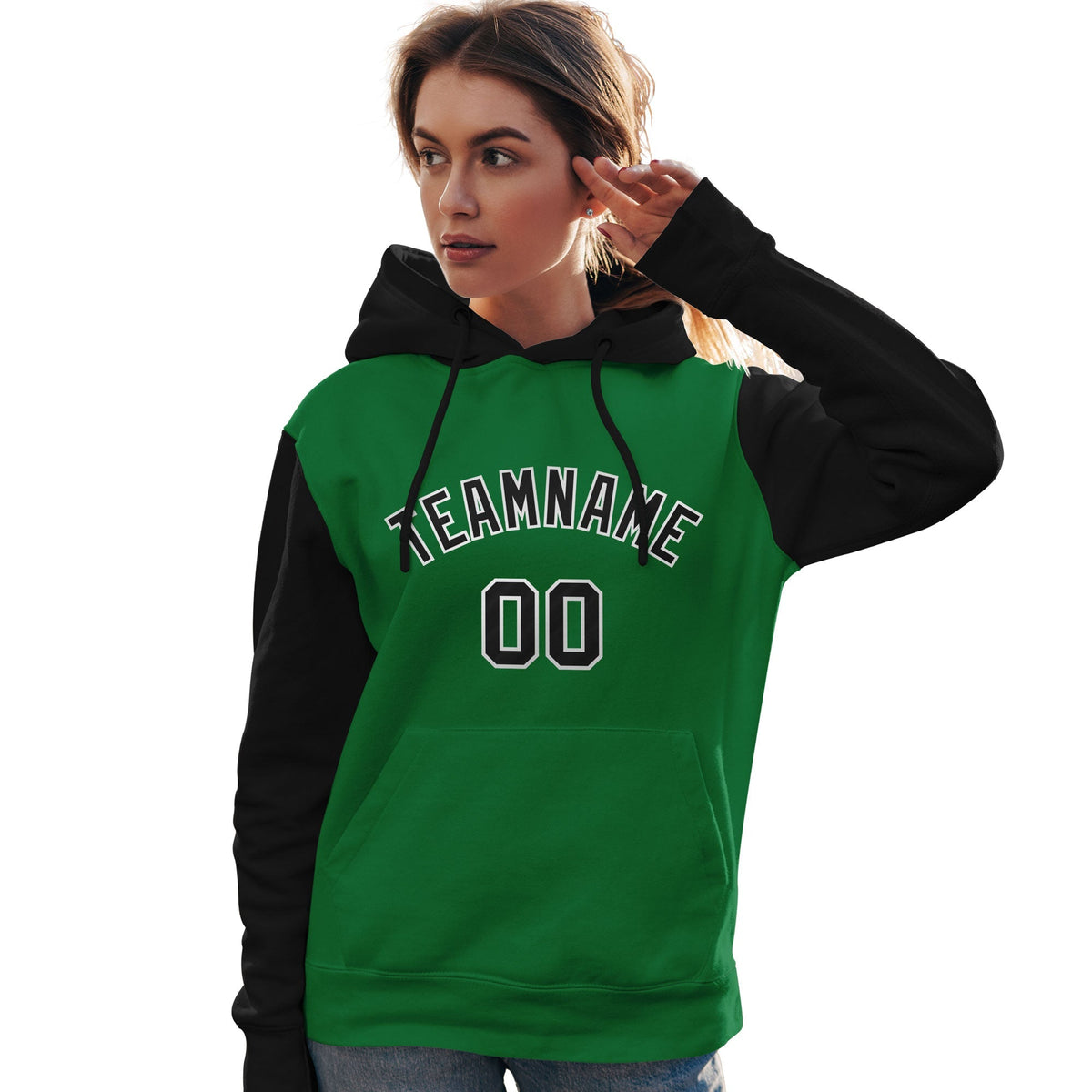 Custom Kelly Green Black-White Raglan Sleeves Pullover Personalized Team Sweatshirt Hoodie| KXKSHOP