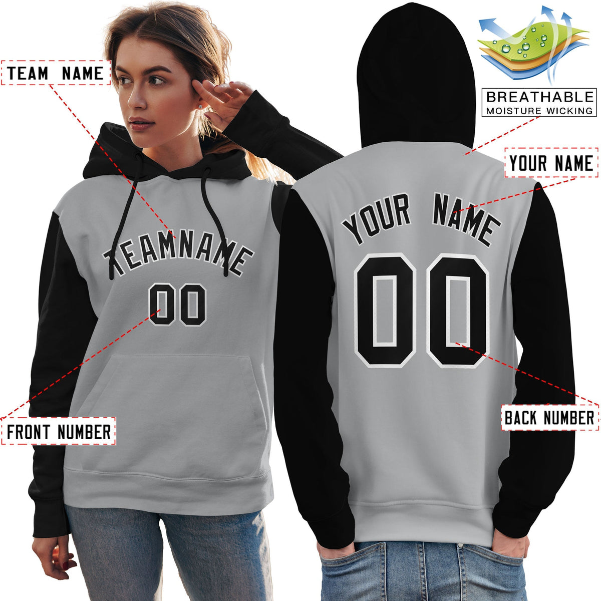 Custom Gray Black-White Raglan Sleeves Pullover Personalized Team Sweatshirt Hoodie| KXKSHOP