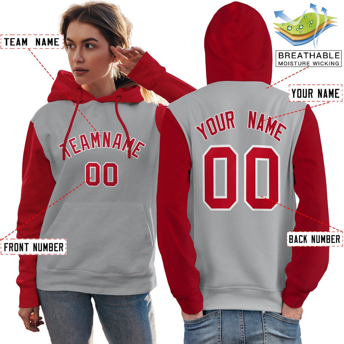 Custom Gray Red-White Raglan Sleeves Pullover Personalized Team Sweatshirt Hoodie| KXKSHOP