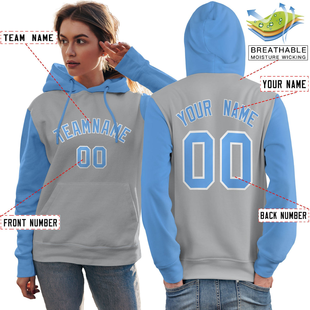 Custom Gray Light Blue-White Raglan Sleeves Pullover Personalized Team Sweatshirt Hoodie| KXKSHOP