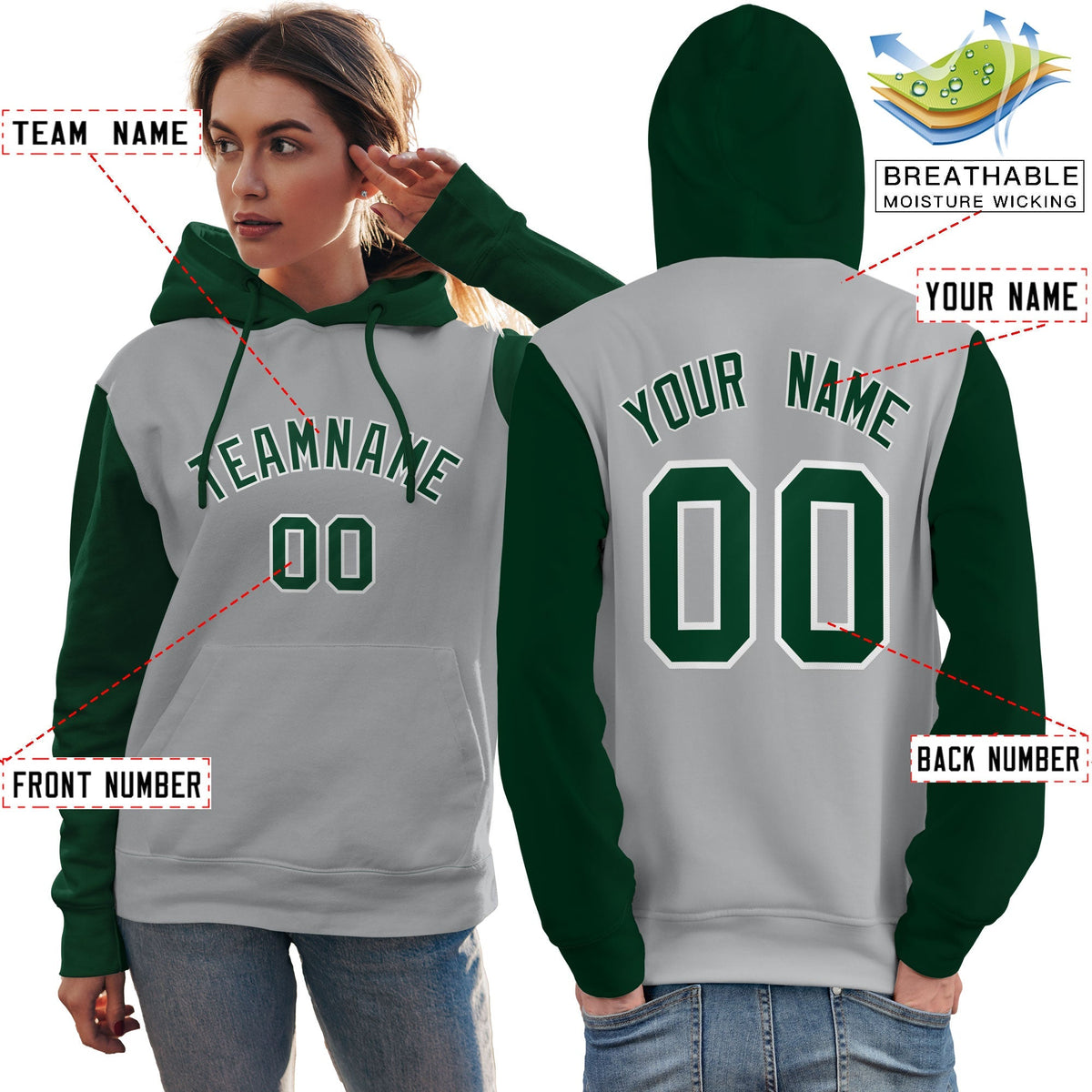 Custom Gray Green-White Raglan Sleeves Pullover Personalized Team Sweatshirt Hoodie| KXKSHOP