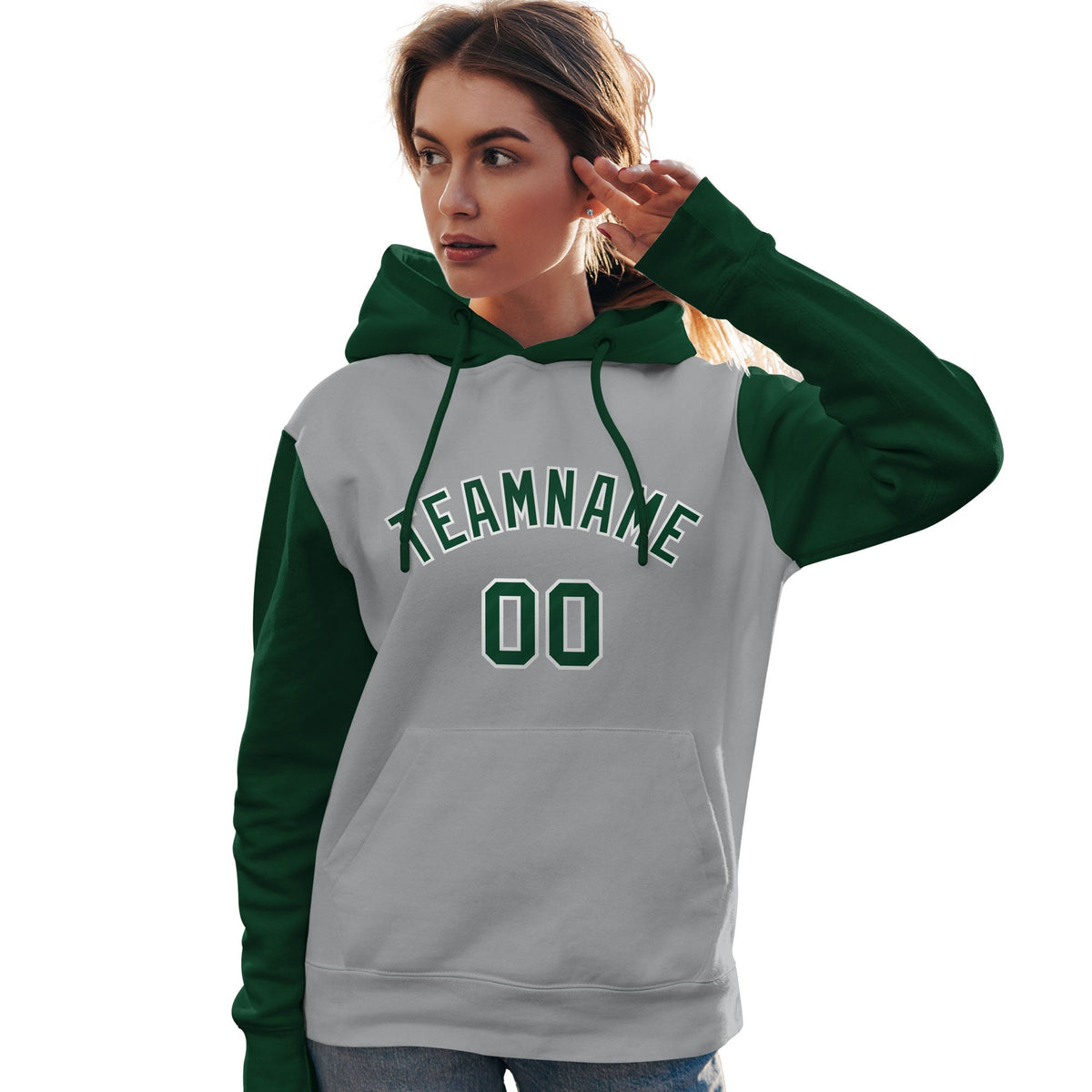 Custom Gray Green-White Raglan Sleeves Pullover Personalized Team Sweatshirt Hoodie| KXKSHOP
