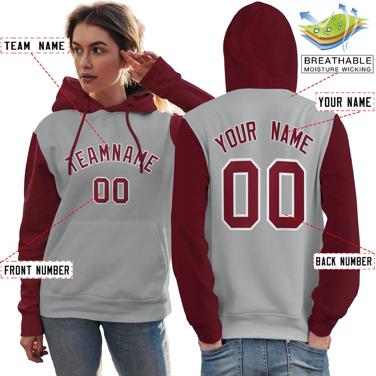 Custom Gray Crimson-White Raglan Sleeves Pullover Personalized Team Sweatshirt Hoodie| KXKSHOP