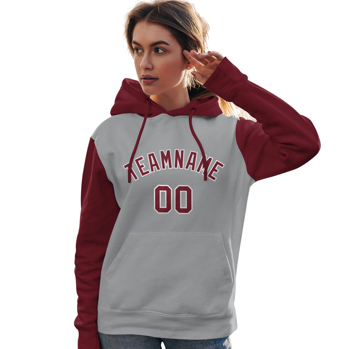 Custom Gray Crimson-White Raglan Sleeves Pullover Personalized Team Sweatshirt Hoodie| KXKSHOP