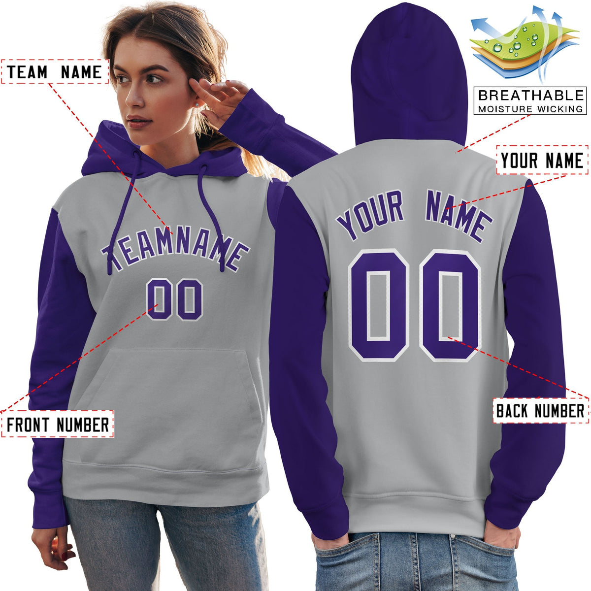 Custom Gray Purple-White Raglan Sleeves Pullover Personalized Team Sweatshirt Hoodie| KXKSHOP