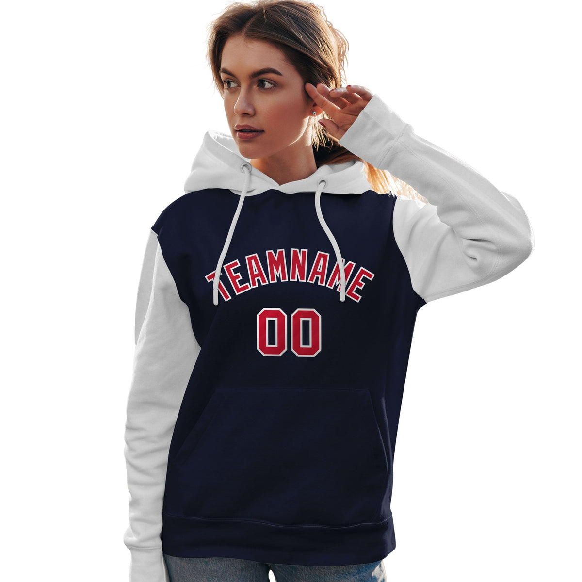 Custom Navy Red-White Raglan Sleeves Pullover Personalized Team Sweatshirt Hoodie| KXKSHOP